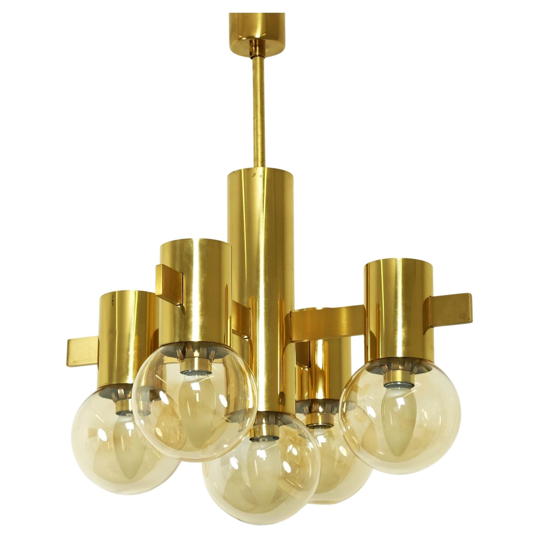 Mid Century Hans Agne Jakobsson Chandelier Ceiling Lamp Brass with 5 Glass Balls For Sale