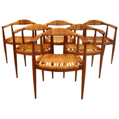 Mid-Century Modern Hans Wegner Danish Teak & Cane Set of 6 Dining Chairs, 1960s