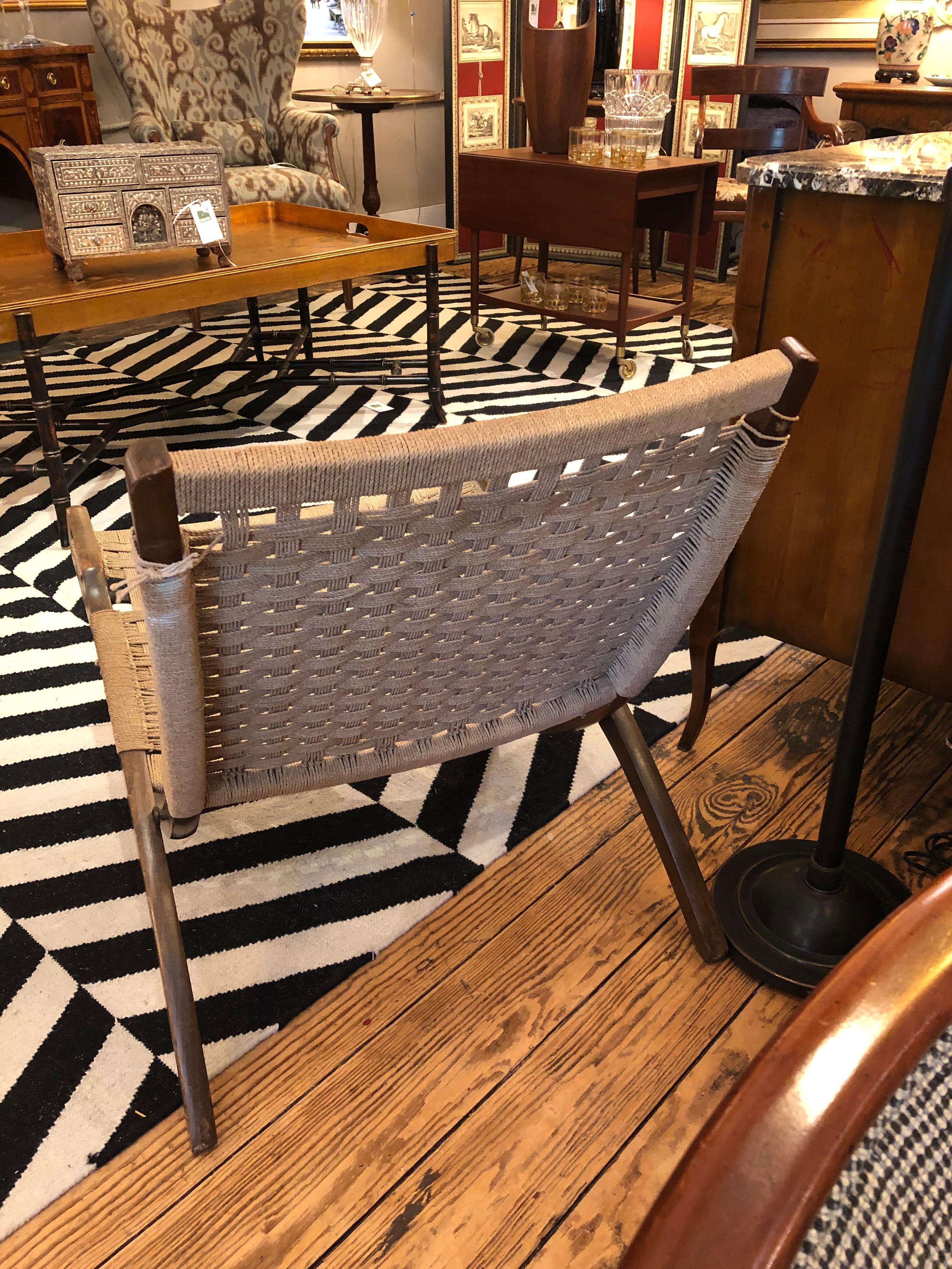 Macedonian Mid-Century Modern Hans Wegner Style Oak and Rope Folding Lounge Chair