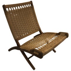 Mid-Century Modern Hans Wegner Style Oak and Rope Folding Lounge Chair