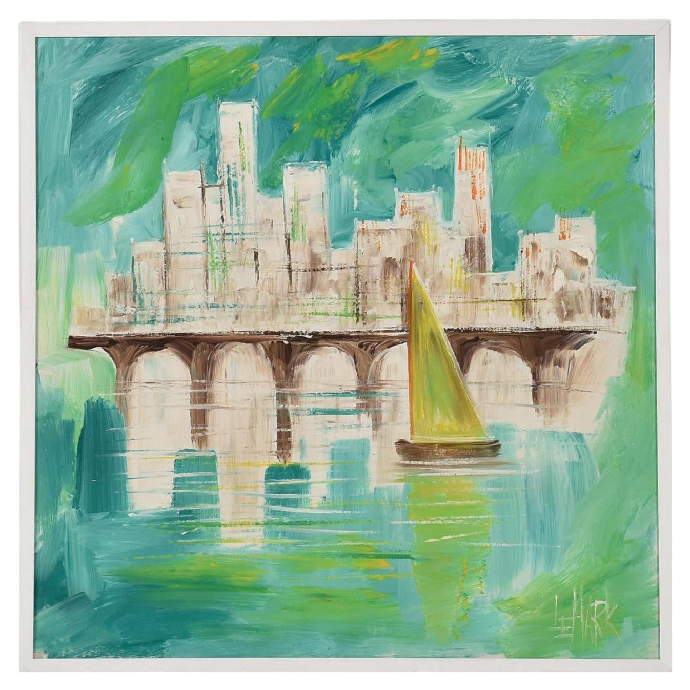 Mid-Century Modern Harbor Painting, Aqua Blue, Signed, Framed, 37x37 For Sale