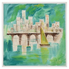 Aqua Blue White and Green Nautical Harbor Painting - Mid-Century Modern