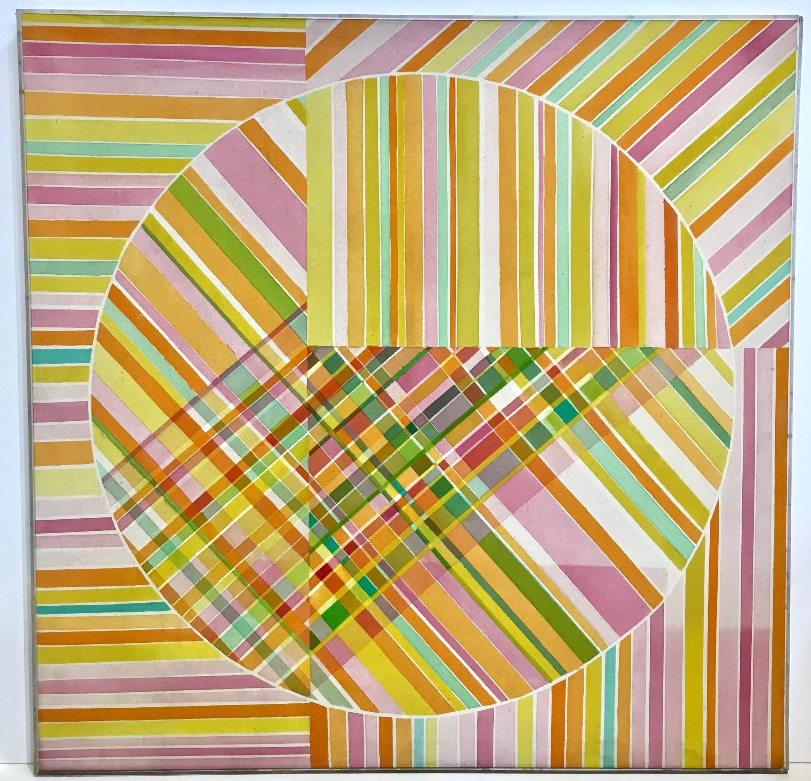 Large scaled midcentury Op Art acrylic painting by Mercedes Monez Smith, circa 1960s. Original Lucite lathe frame intact, with original exhibit label by the San Francisco Museum of Art. Fabulous display of hard edged lines intersecting in a playful