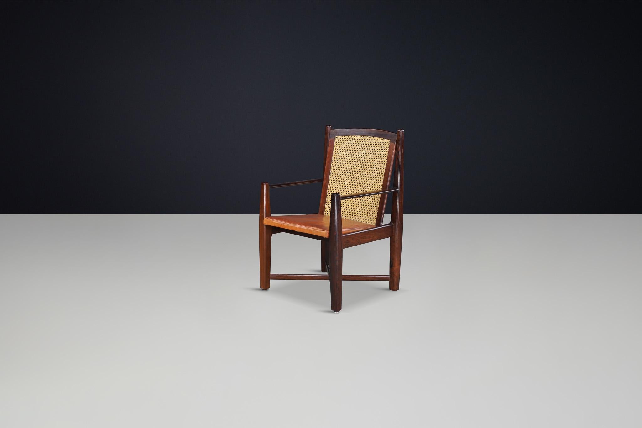 Mid-Century Modern Hardwood, Cane, and Leather Armchairs, Brazil 1960s For Sale 5