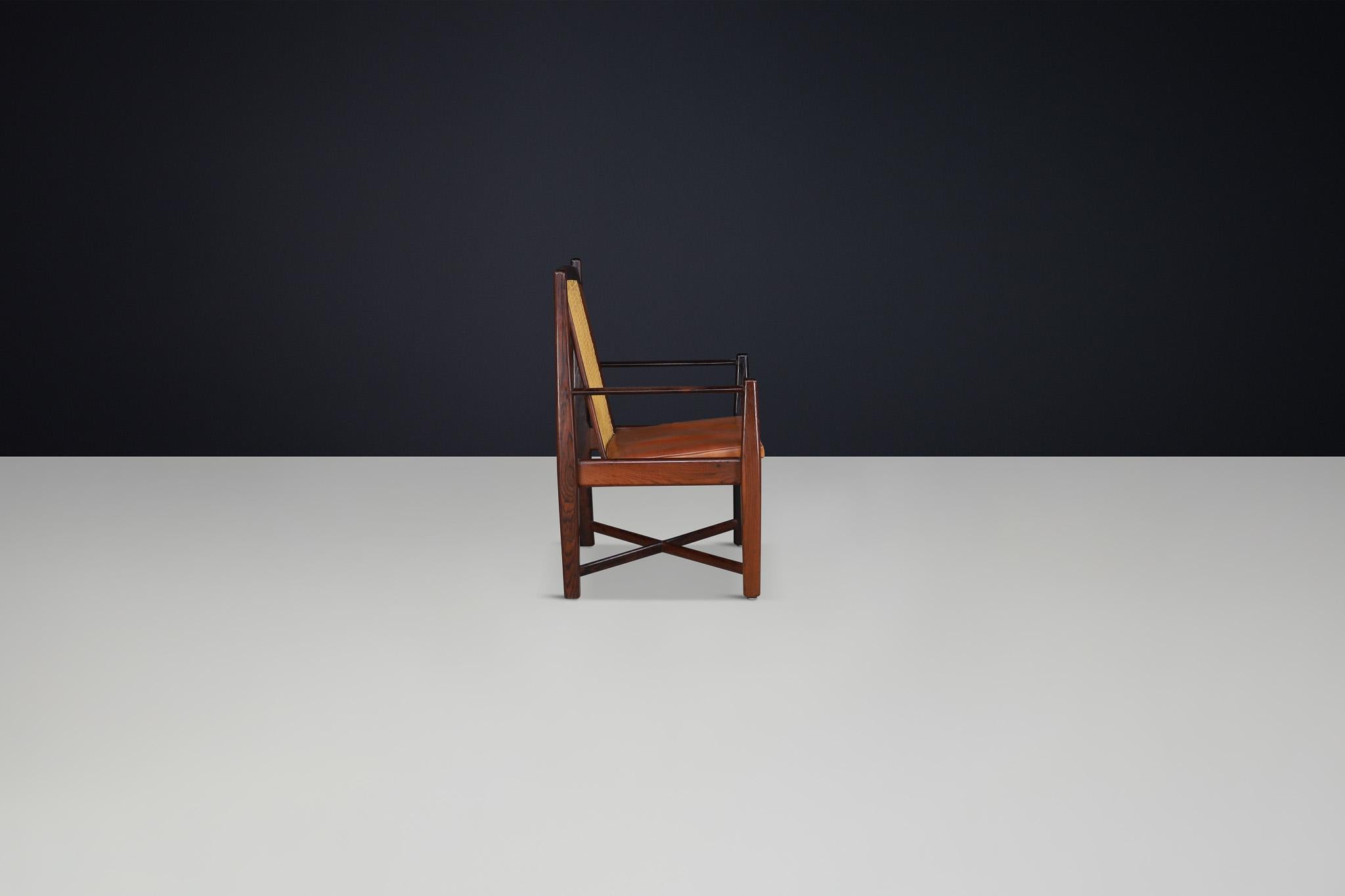 Mid-Century Modern Hardwood, Cane, and Leather Armchairs, Brazil 1960s For Sale 8