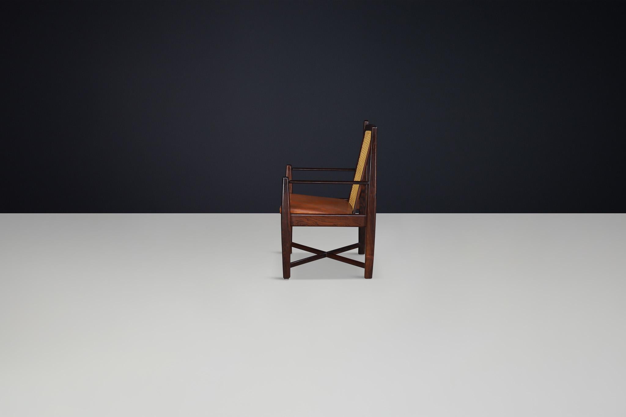 Mid-Century Modern Hardwood, Cane, and Leather Armchairs, Brazil 1960s For Sale 10