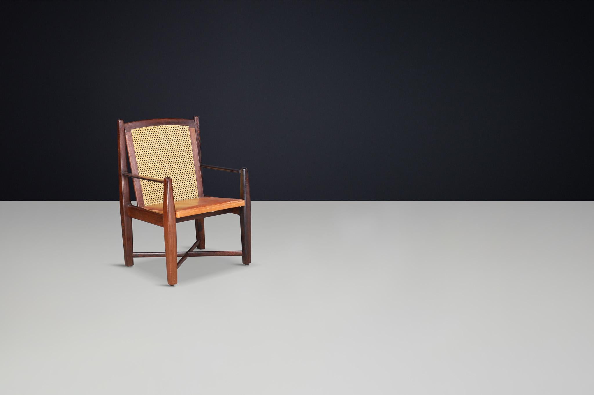 Mid-Century Modern Hardwood, Cane, and Leather Armchairs, Brazil 1960s For Sale 12