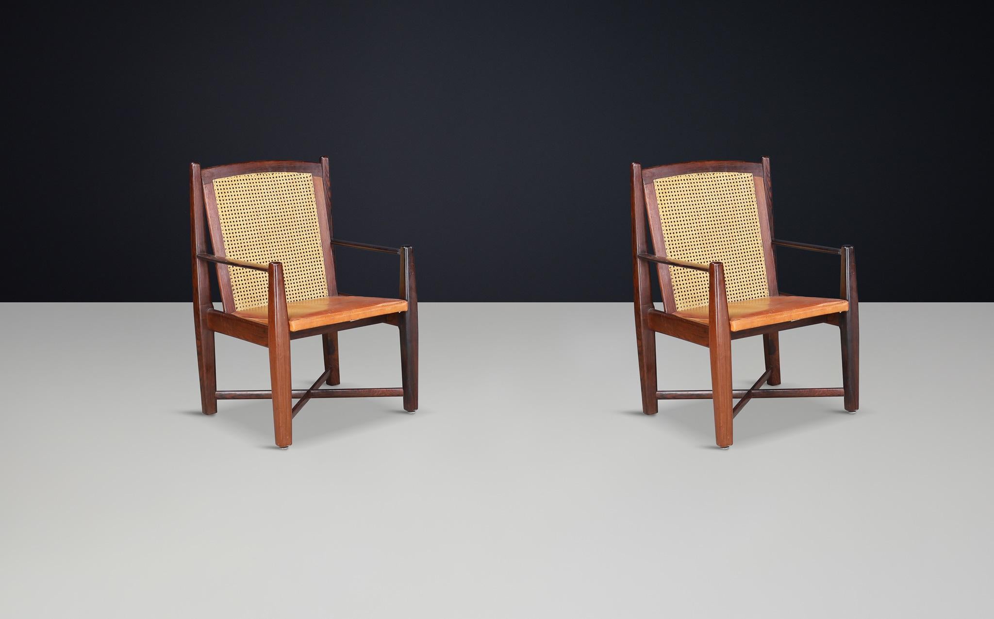Brazilian Mid-Century Modern Hardwood, Cane, and Leather Armchairs, Brazil 1960s For Sale