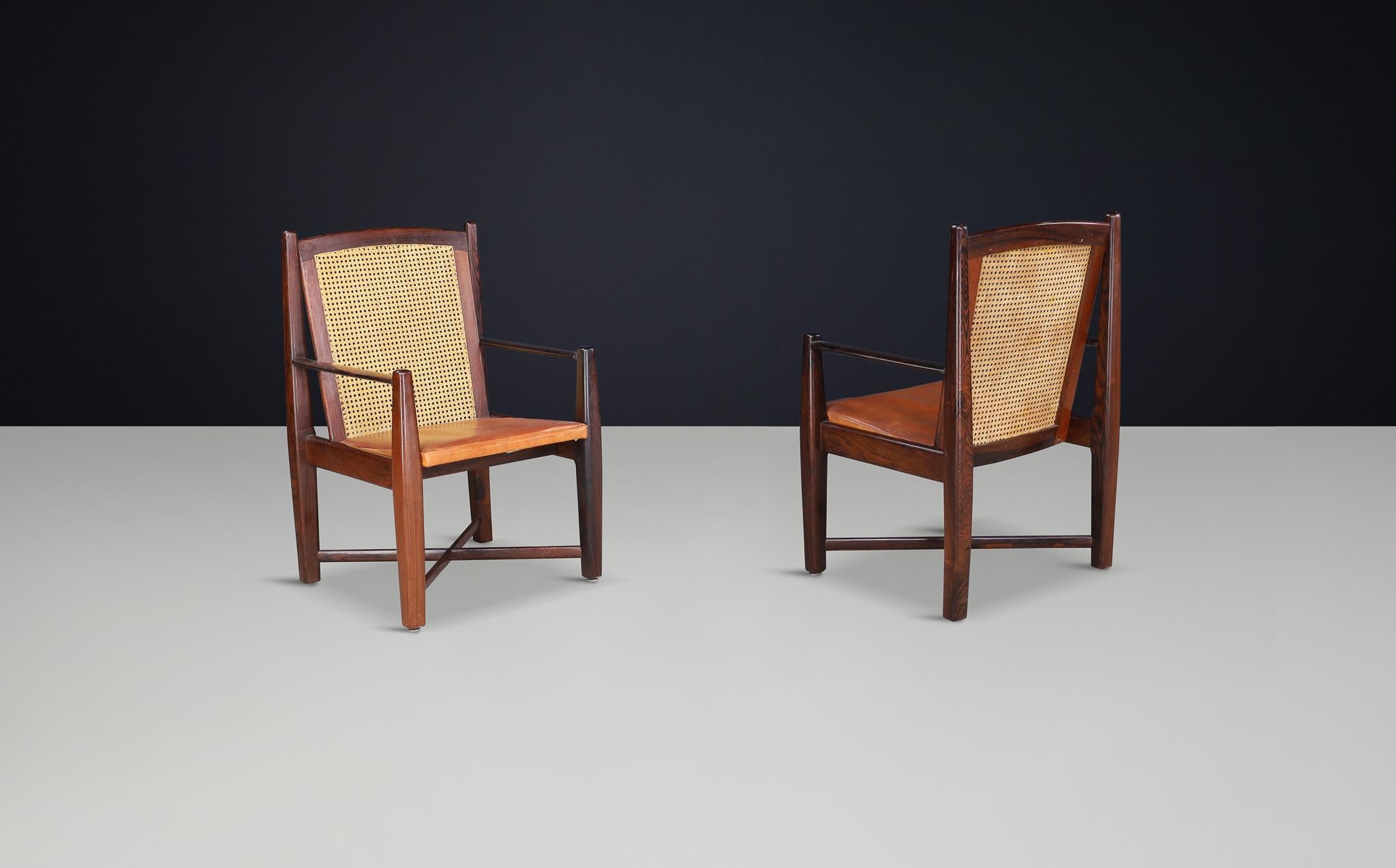 Mid-Century Modern Hardwood, Cane, and Leather Armchairs, Brazil 1960s In Good Condition For Sale In Almelo, NL