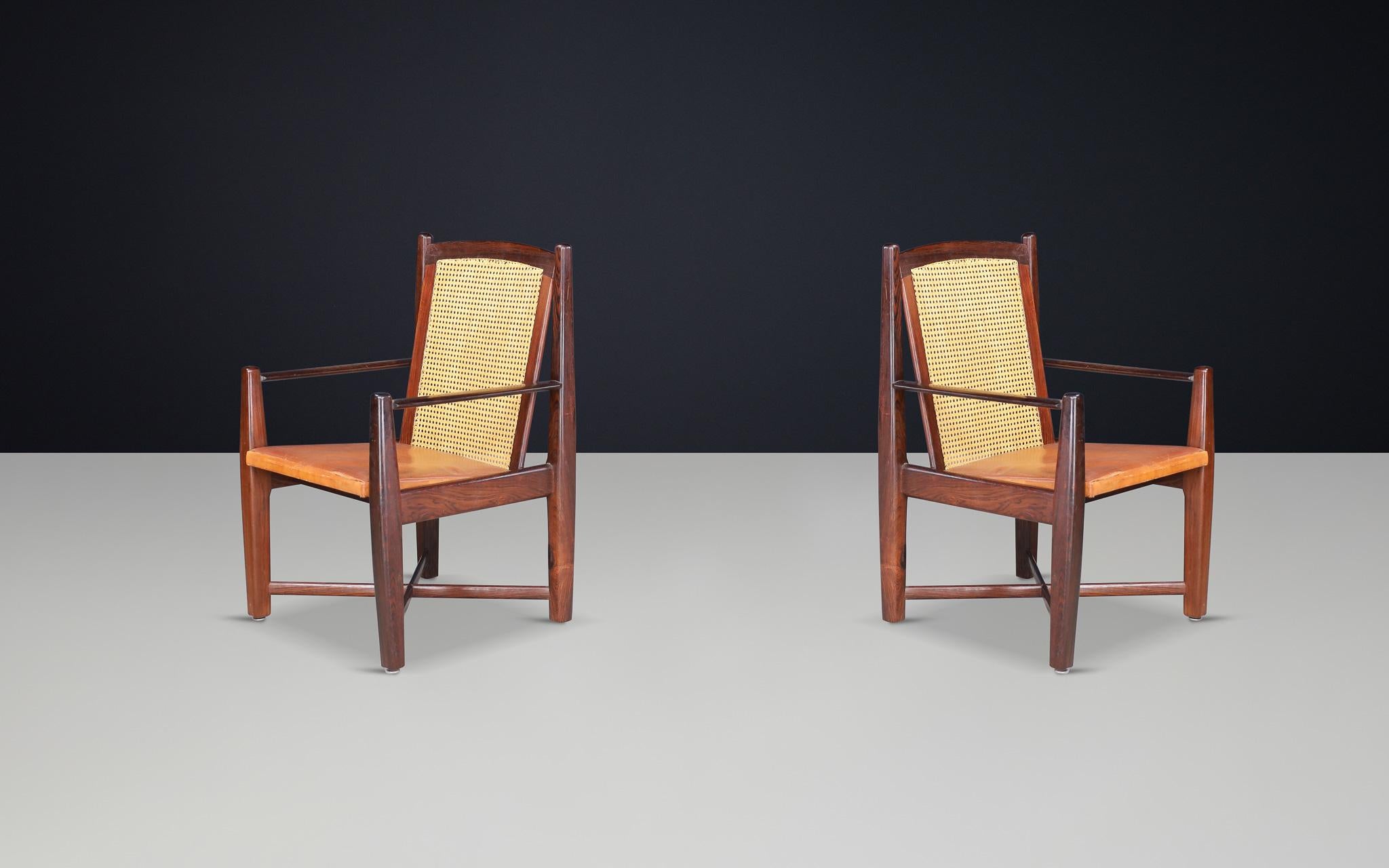 Mid-20th Century Mid-Century Modern Hardwood, Cane, and Leather Armchairs, Brazil 1960s For Sale