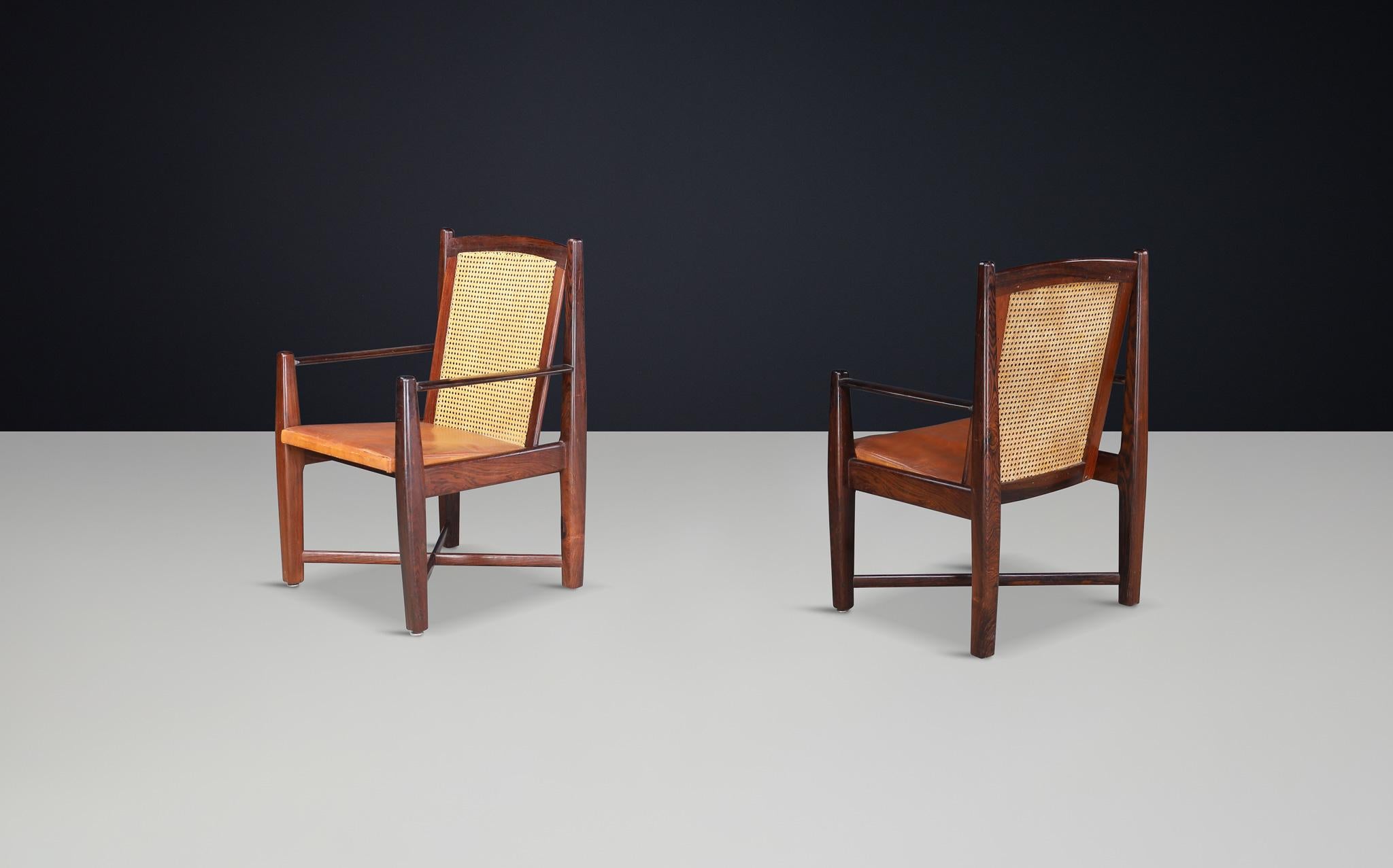 Mid-Century Modern Hardwood, Cane, and Leather Armchairs, Brazil 1960s For Sale 1