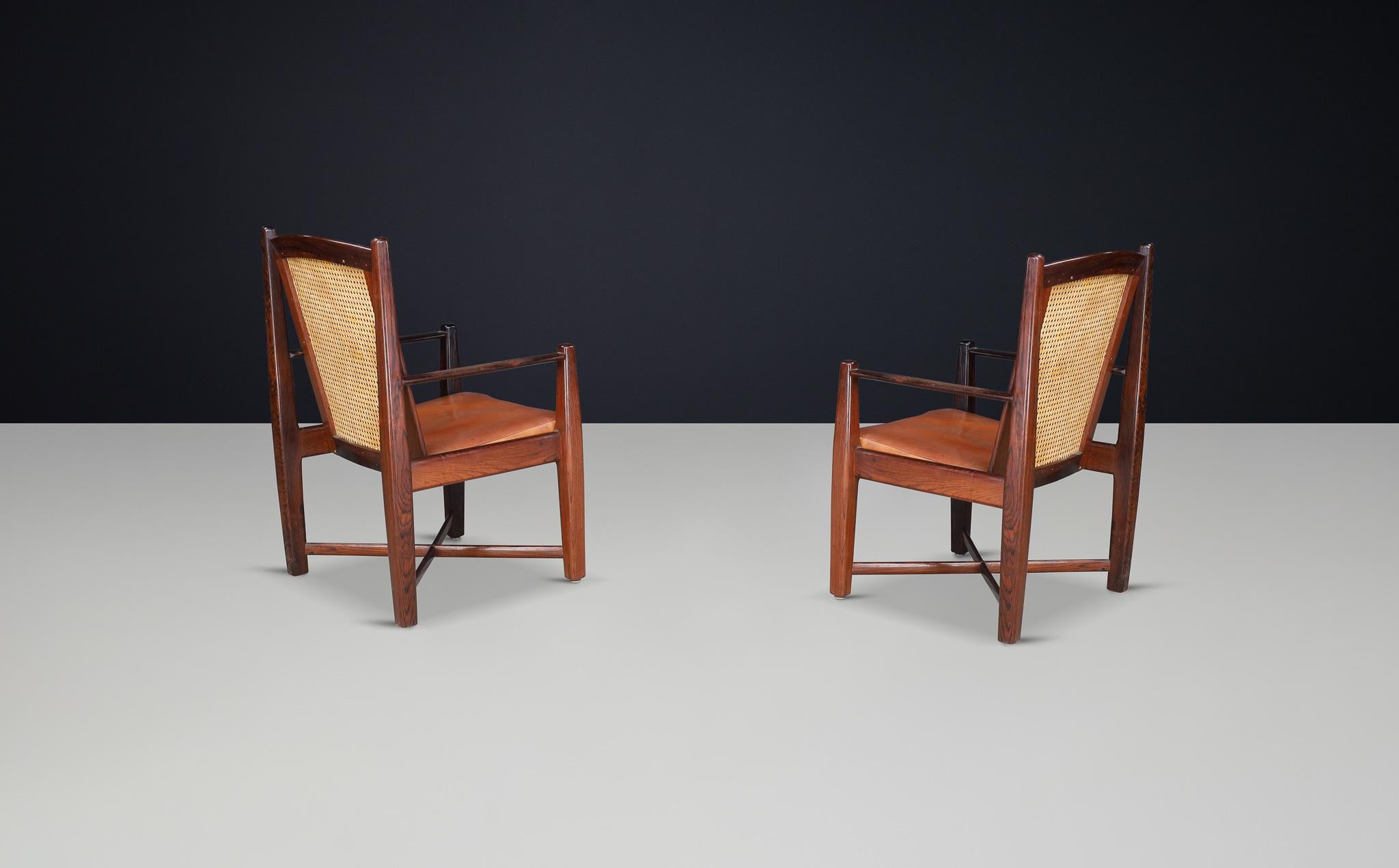 Mid-Century Modern Hardwood, Cane, and Leather Armchairs, Brazil 1960s For Sale 3