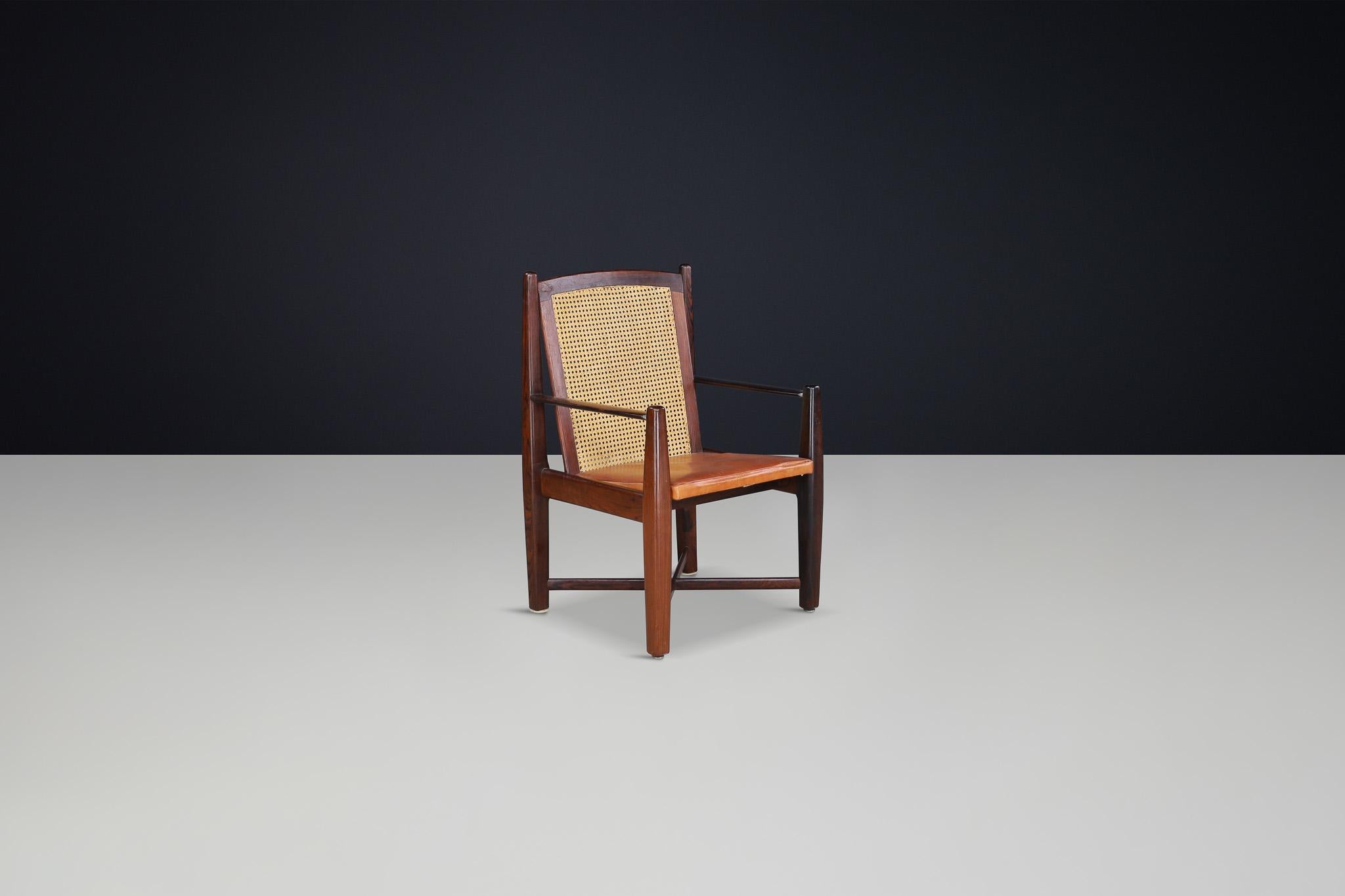 Mid-Century Modern Hardwood, Cane, and Leather Armchairs, Brazil 1960s For Sale 4