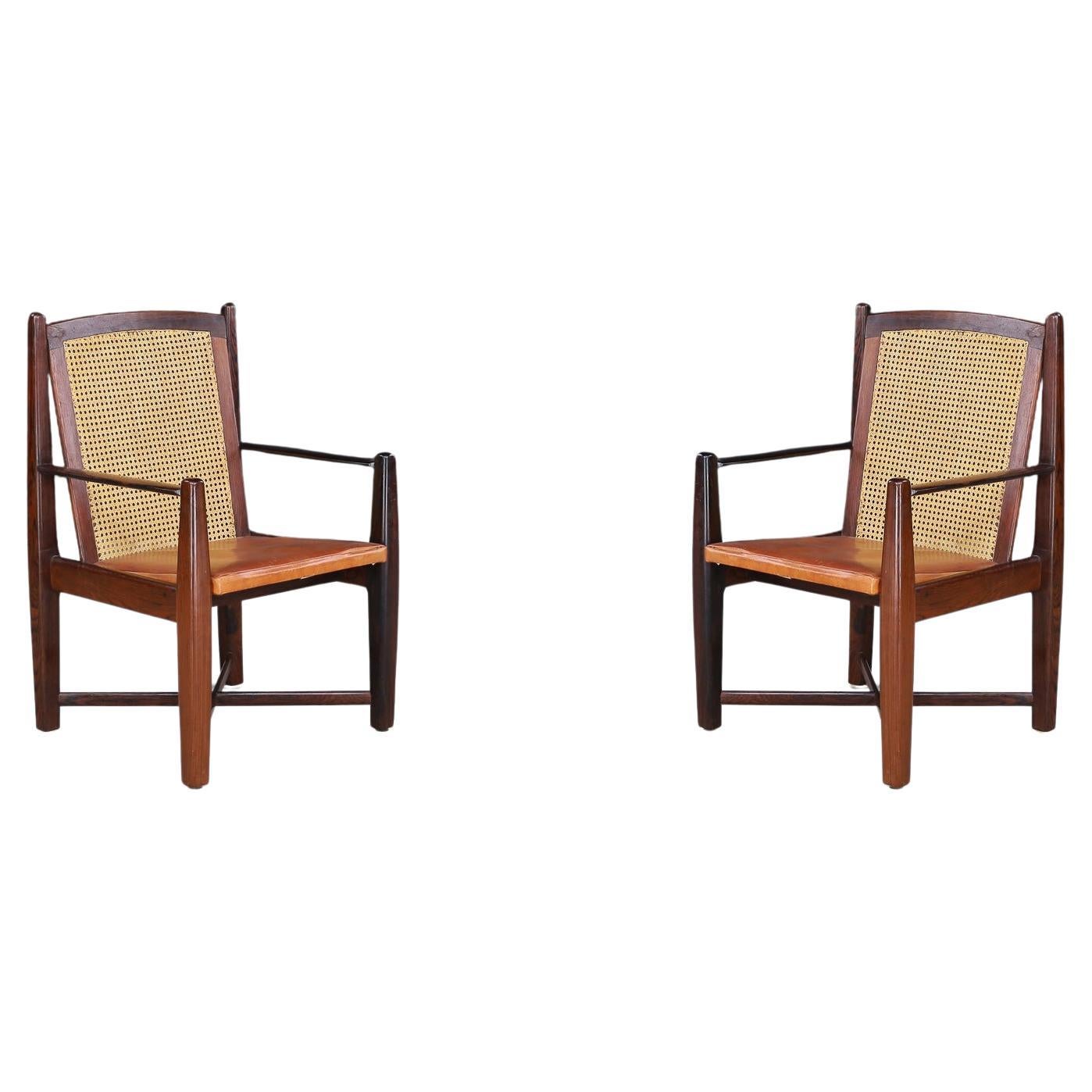 Mid-Century Modern Hardwood, Cane, and Leather Armchairs, Brazil 1960s