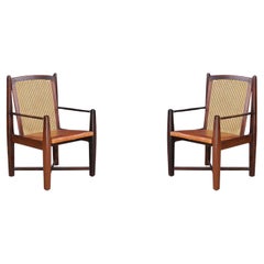 Mid-Century Modern Hardwood, Cane, and Leather Armchairs, Brazil 1960s