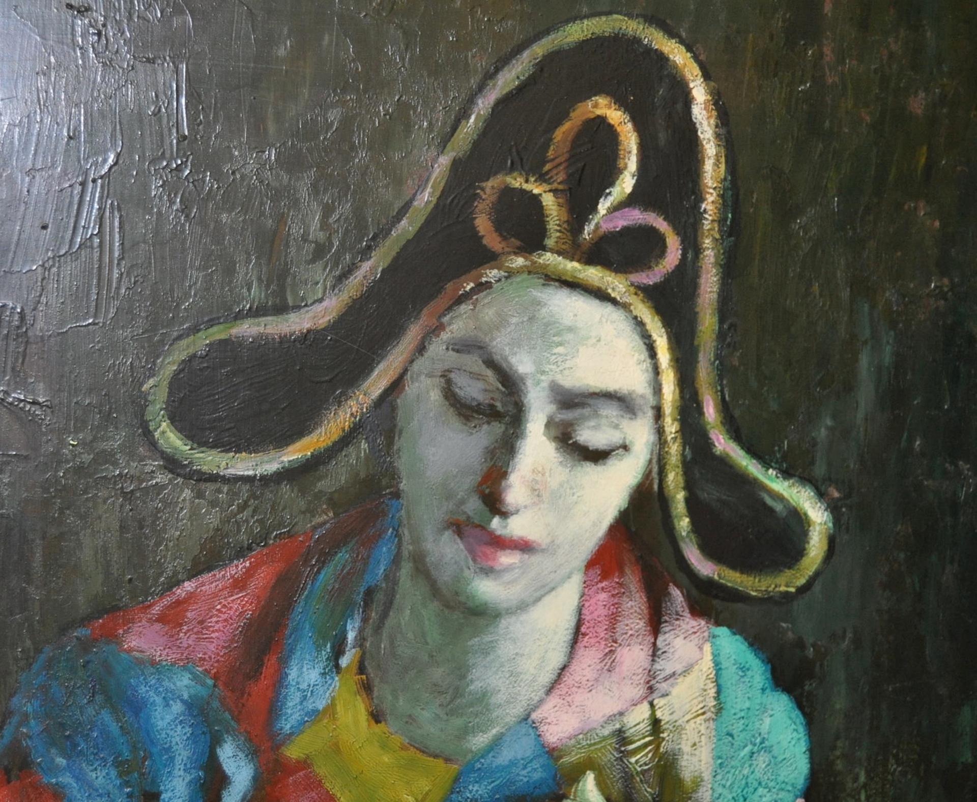 Mid-Century Modern harlequin oil painting.

This fine Harlequin painting is bold, bright, colorful and executed by a very talented artist. 

This painting is created with oils on board.

Dimensions 24