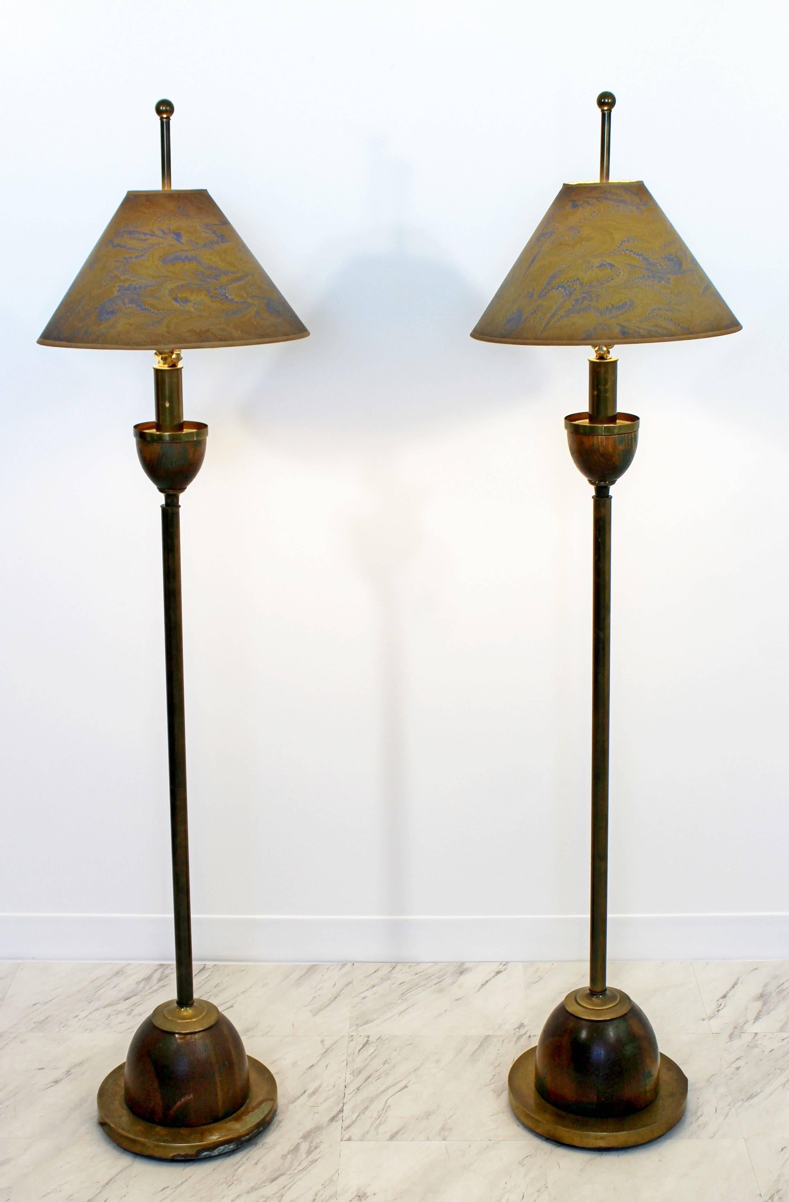 For your consideration is an incredible pair of solid brass floor lamps, by Hart Associates, including original shades and finials. In excellent condition. The dimensions are 9