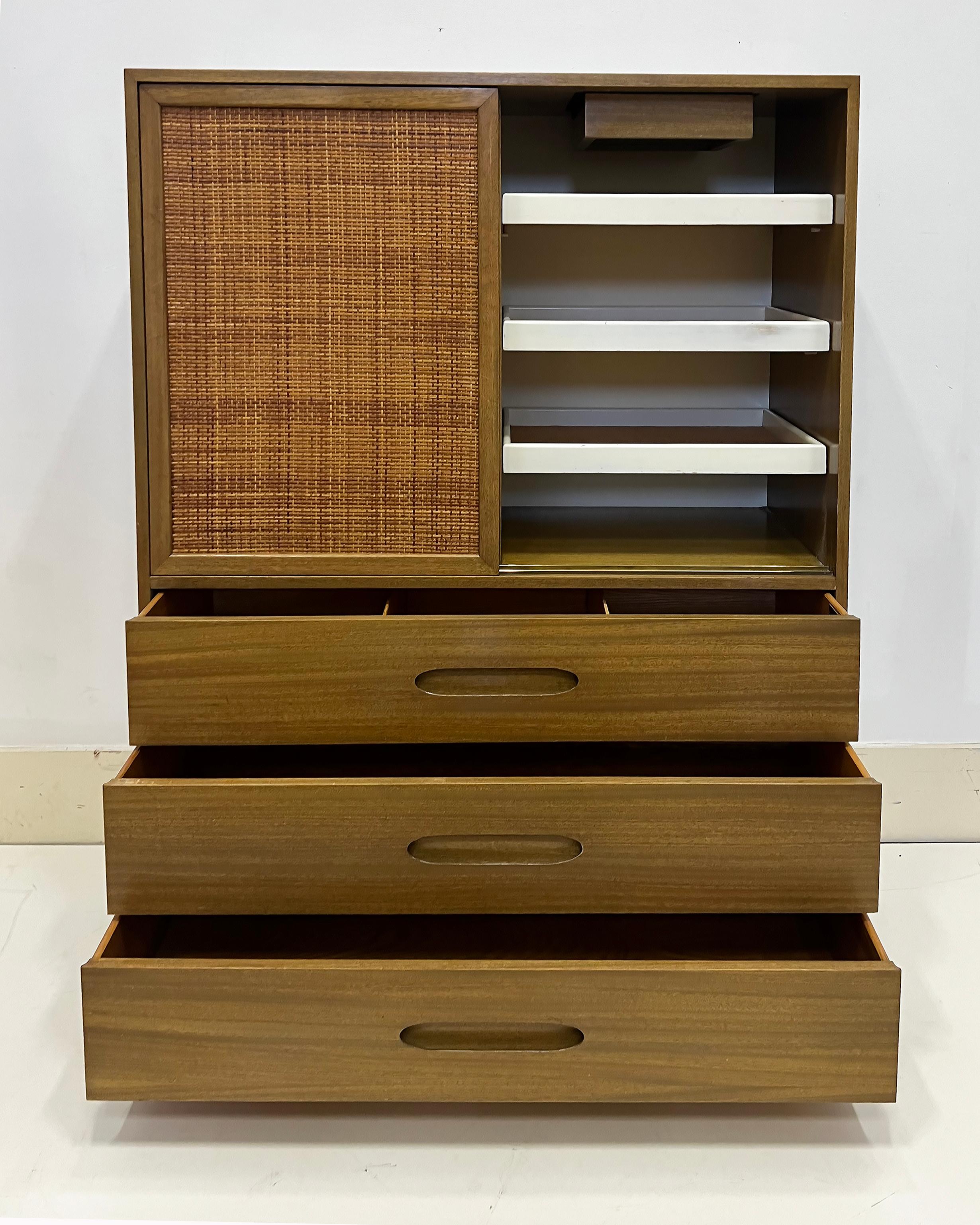 20th Century Mid-century Modern Harvey Probber Tall Chest,  Bleached Mahogany and Cane For Sale