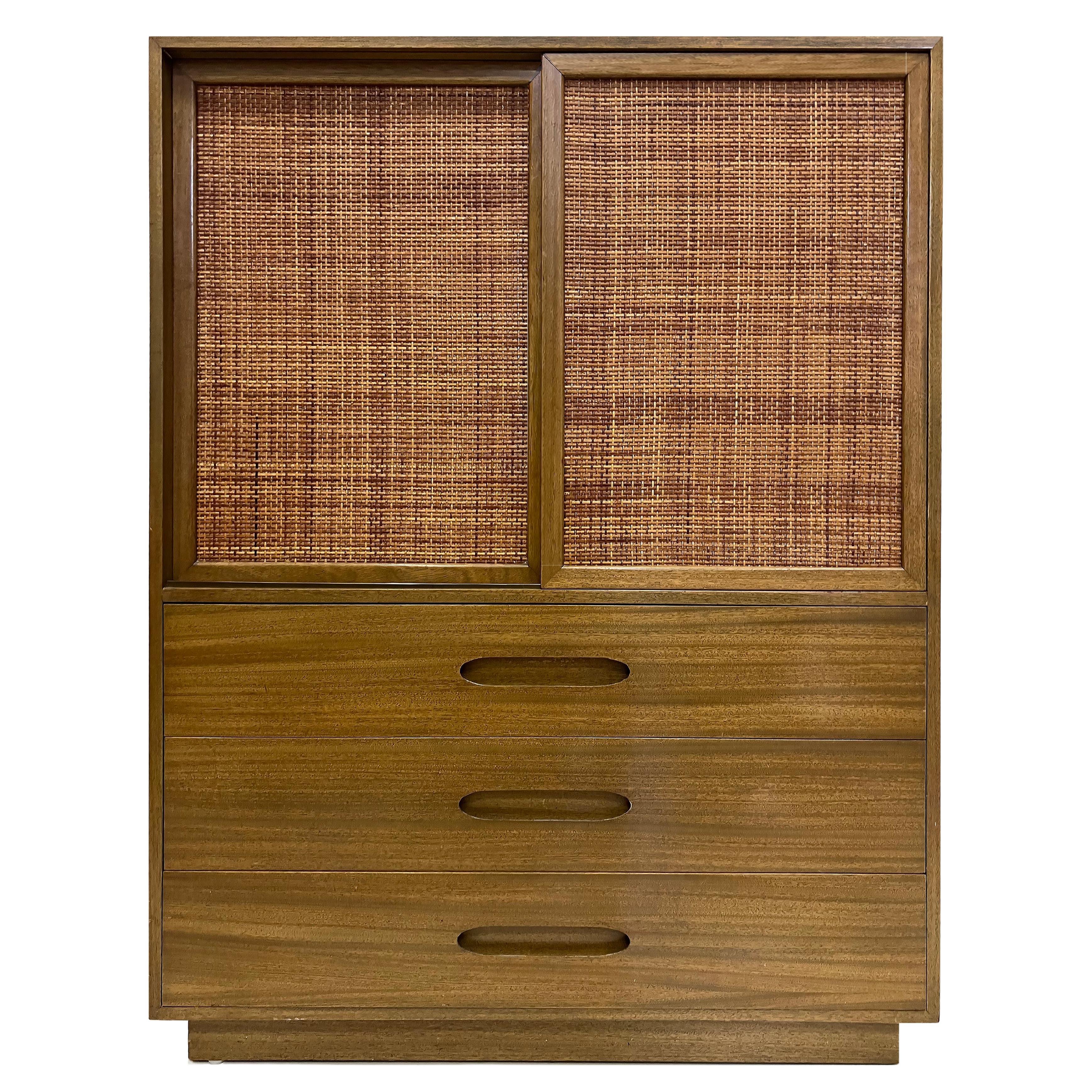 Mid-century Modern Harvey Probber Tall Chest,  Bleached Mahogany and Cane For Sale