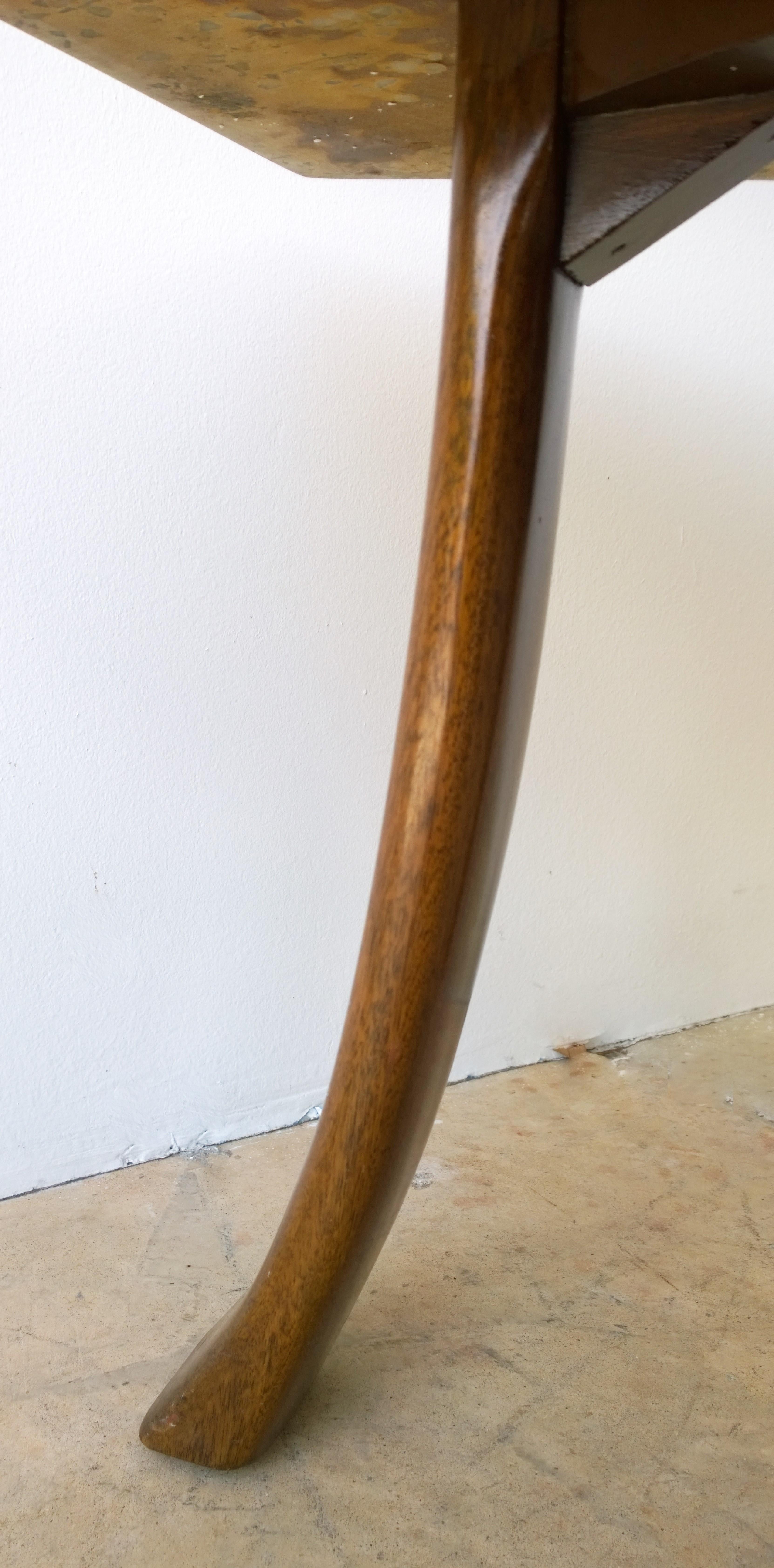 Blue and Ivory Terrazzo with Inlaid Brass Top & Mahogany Tripod Legs Side Table For Sale 9