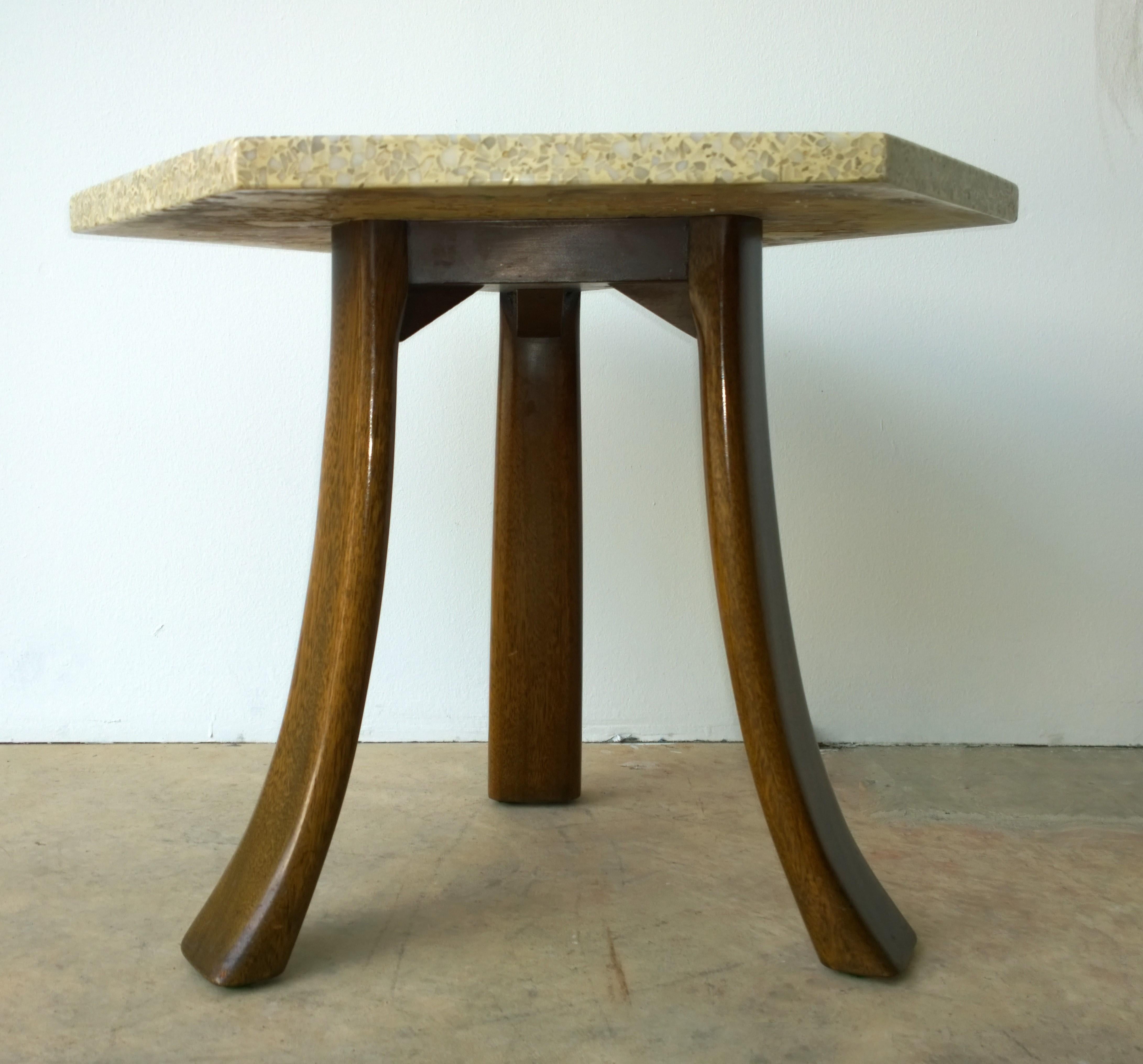 Mid-Century Modern Blue and Ivory Terrazzo with Inlaid Brass Top & Mahogany Tripod Legs Side Table For Sale