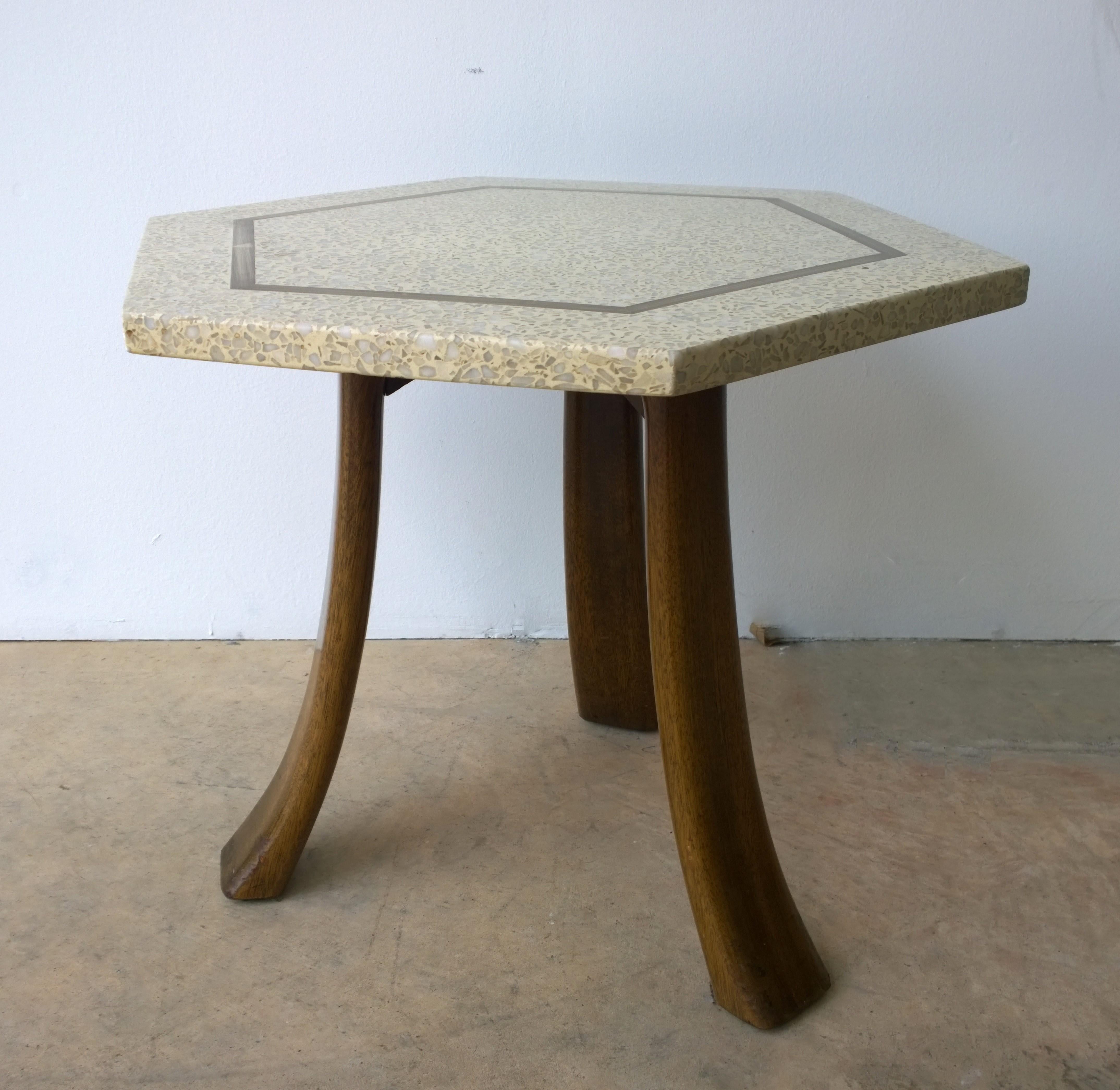Mid-Century Modern Probber Blue & White Terrazzo, Mahogany Tripod Legs and Brass Hexagon Side Table For Sale