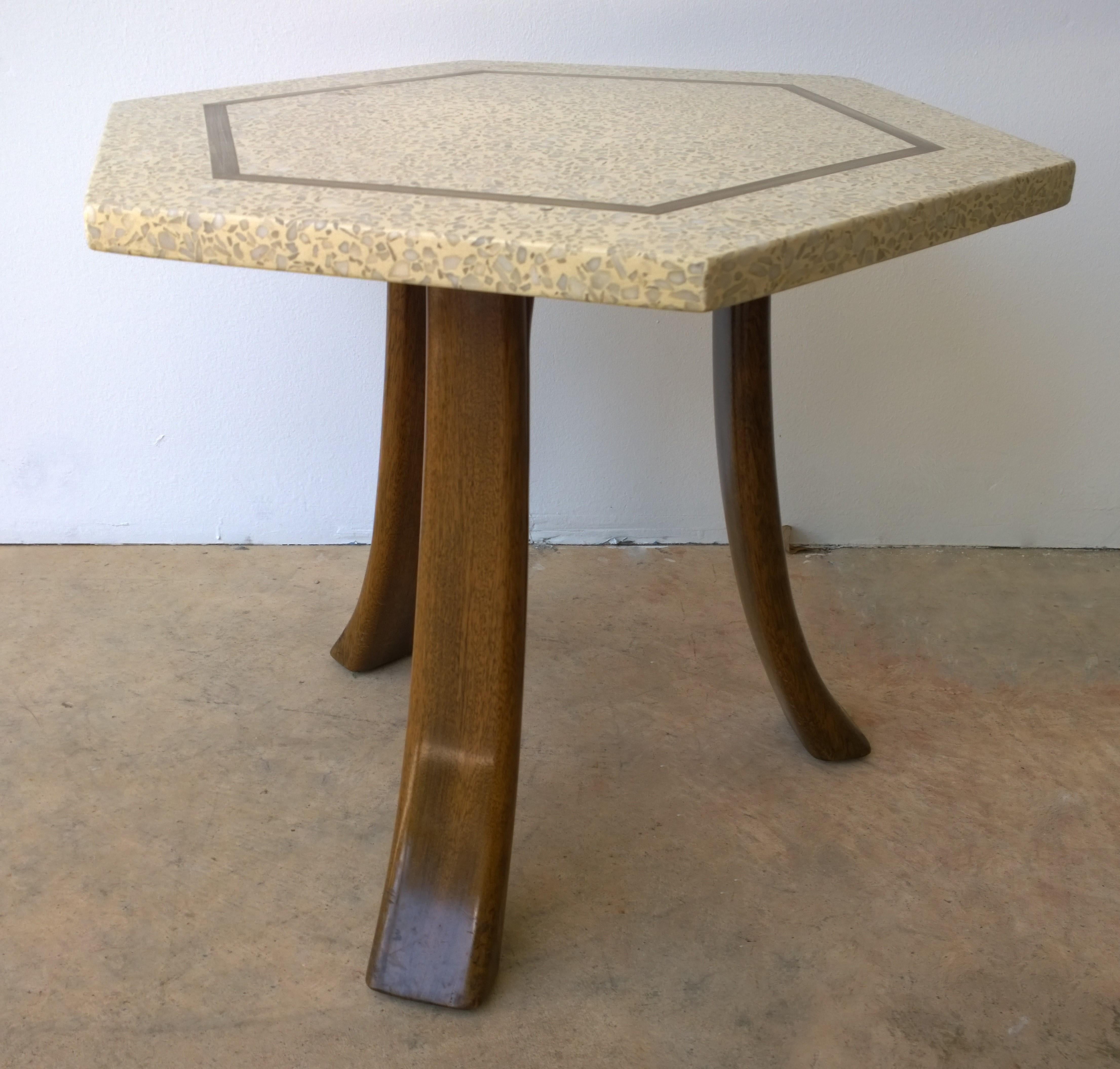 American Probber Blue & White Terrazzo, Mahogany Tripod Legs and Brass Hexagon Side Table For Sale