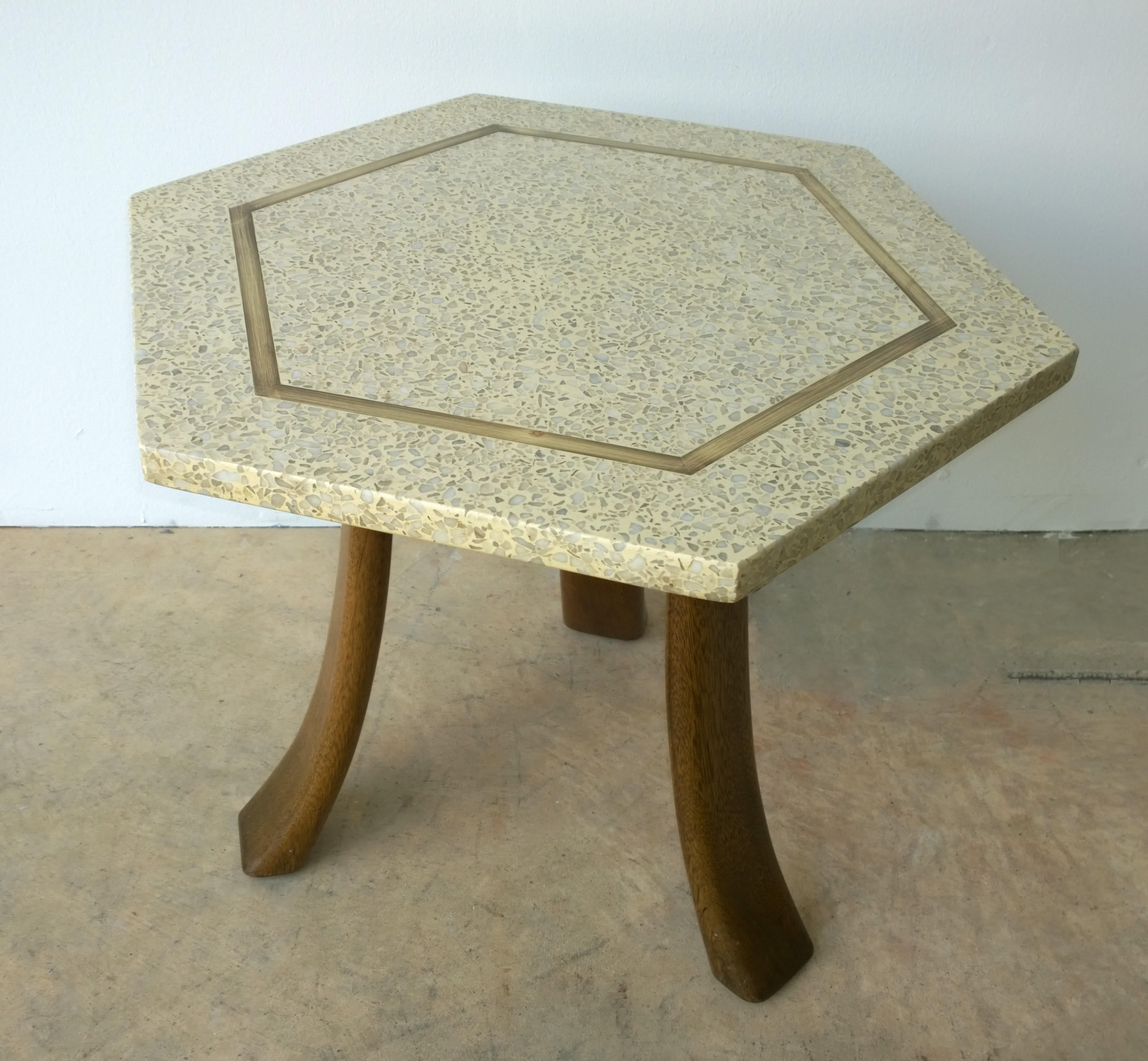 Blue and Ivory Terrazzo with Inlaid Brass Top & Mahogany Tripod Legs Side Table In Good Condition For Sale In Houston, TX