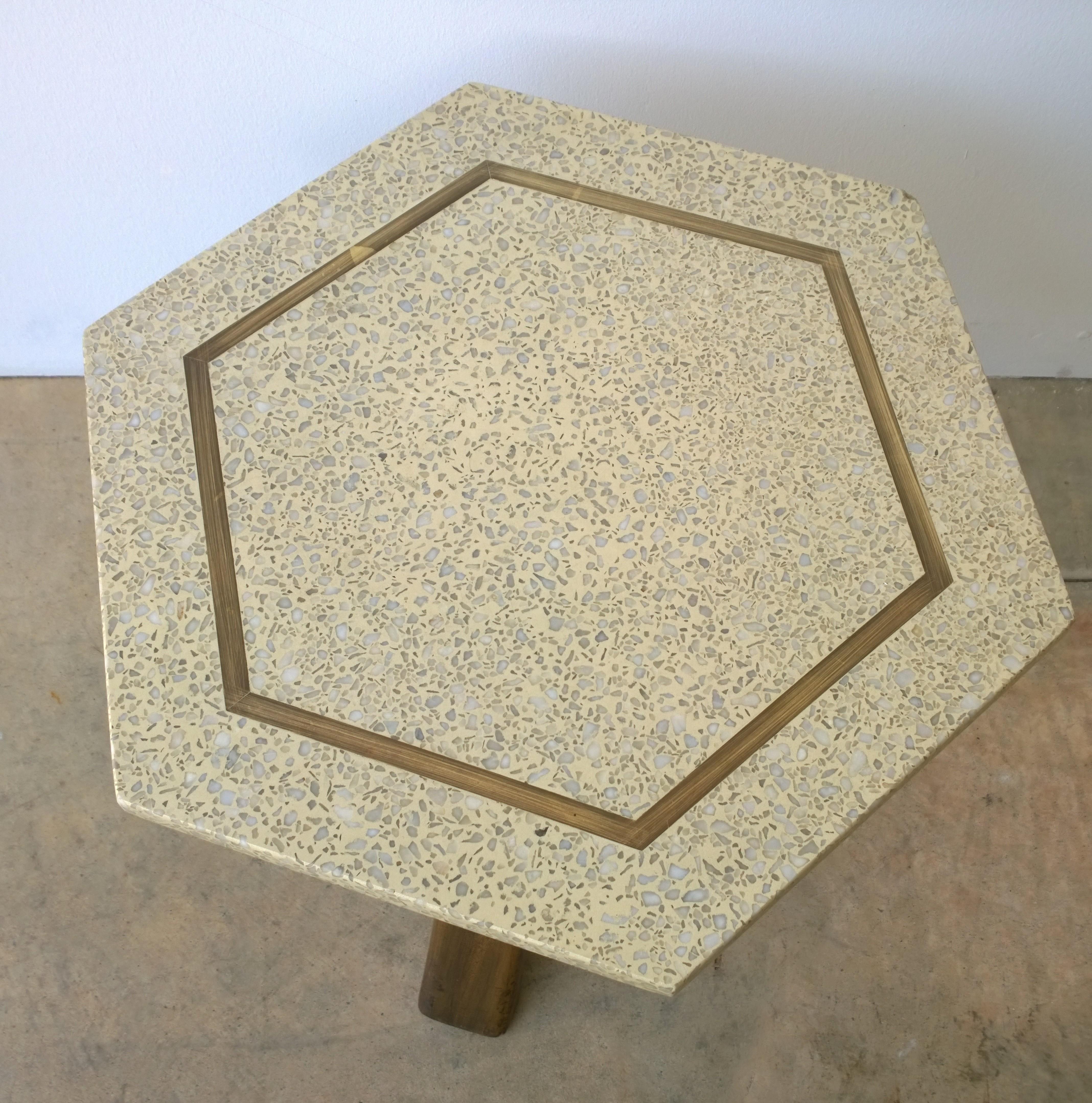 Probber Blue & White Terrazzo, Mahogany Tripod Legs and Brass Hexagon Side Table In Good Condition For Sale In Houston, TX