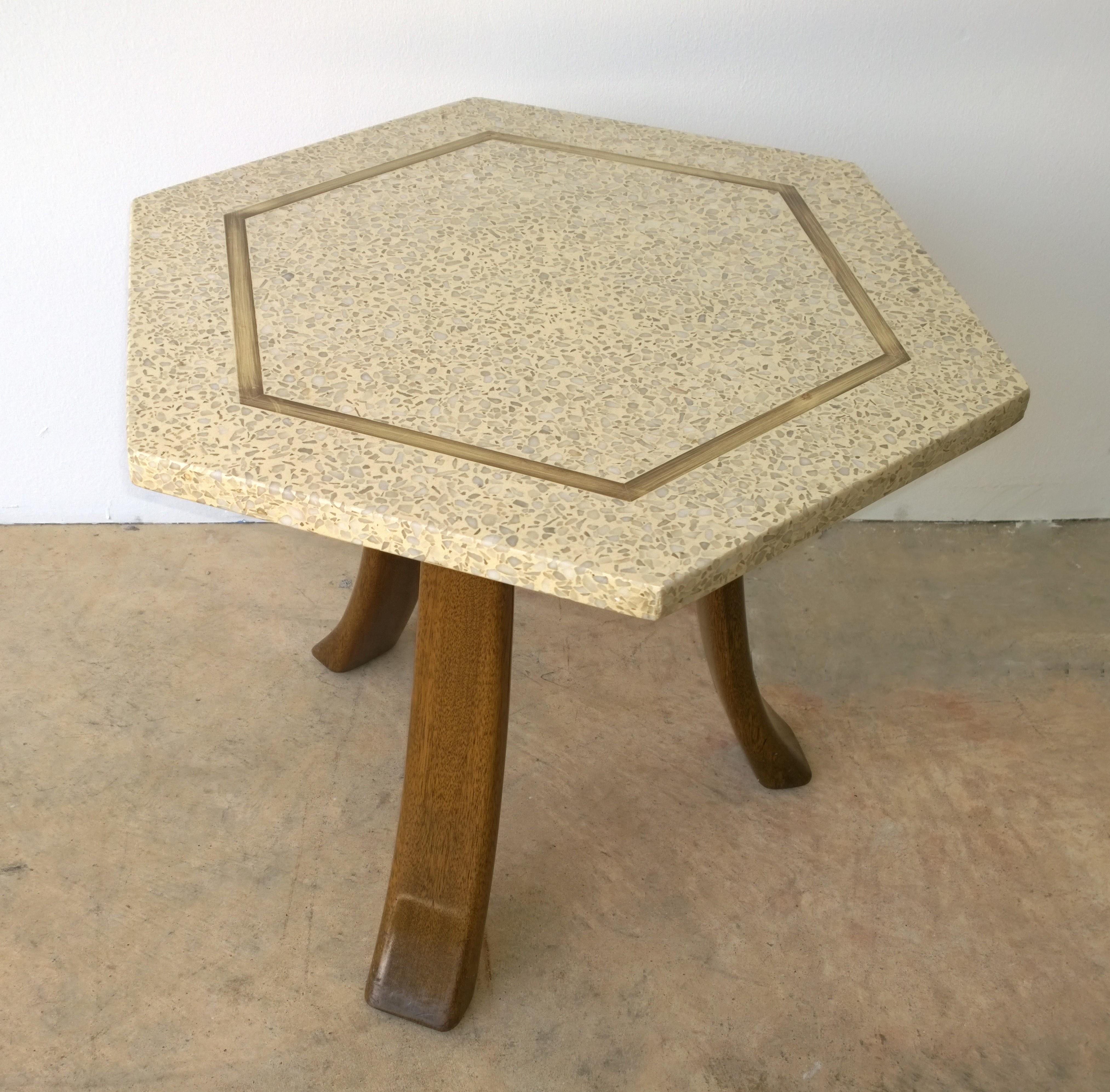 20th Century Blue and Ivory Terrazzo with Inlaid Brass Top & Mahogany Tripod Legs Side Table For Sale