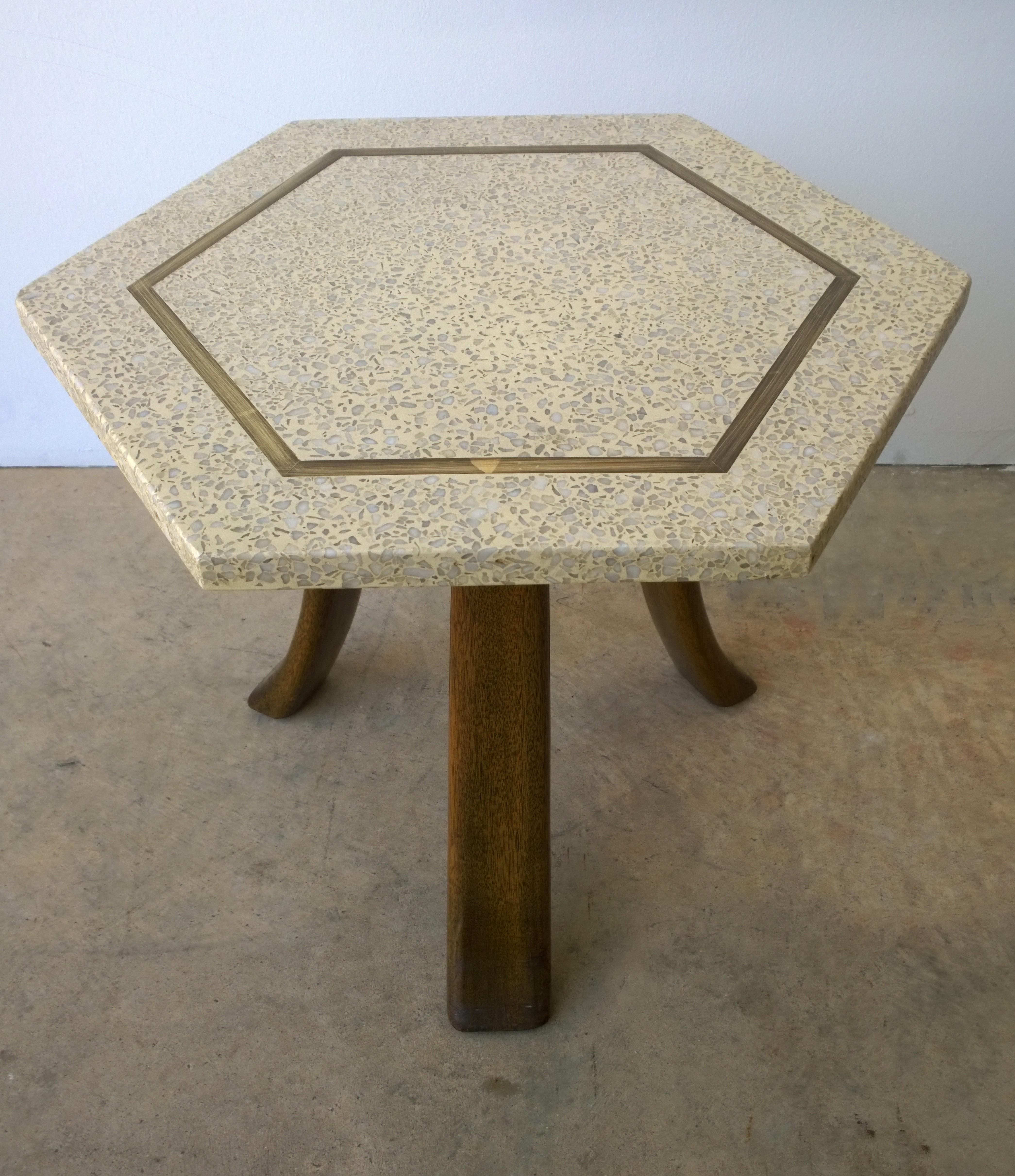 20th Century Probber Blue & White Terrazzo, Mahogany Tripod Legs and Brass Hexagon Side Table For Sale