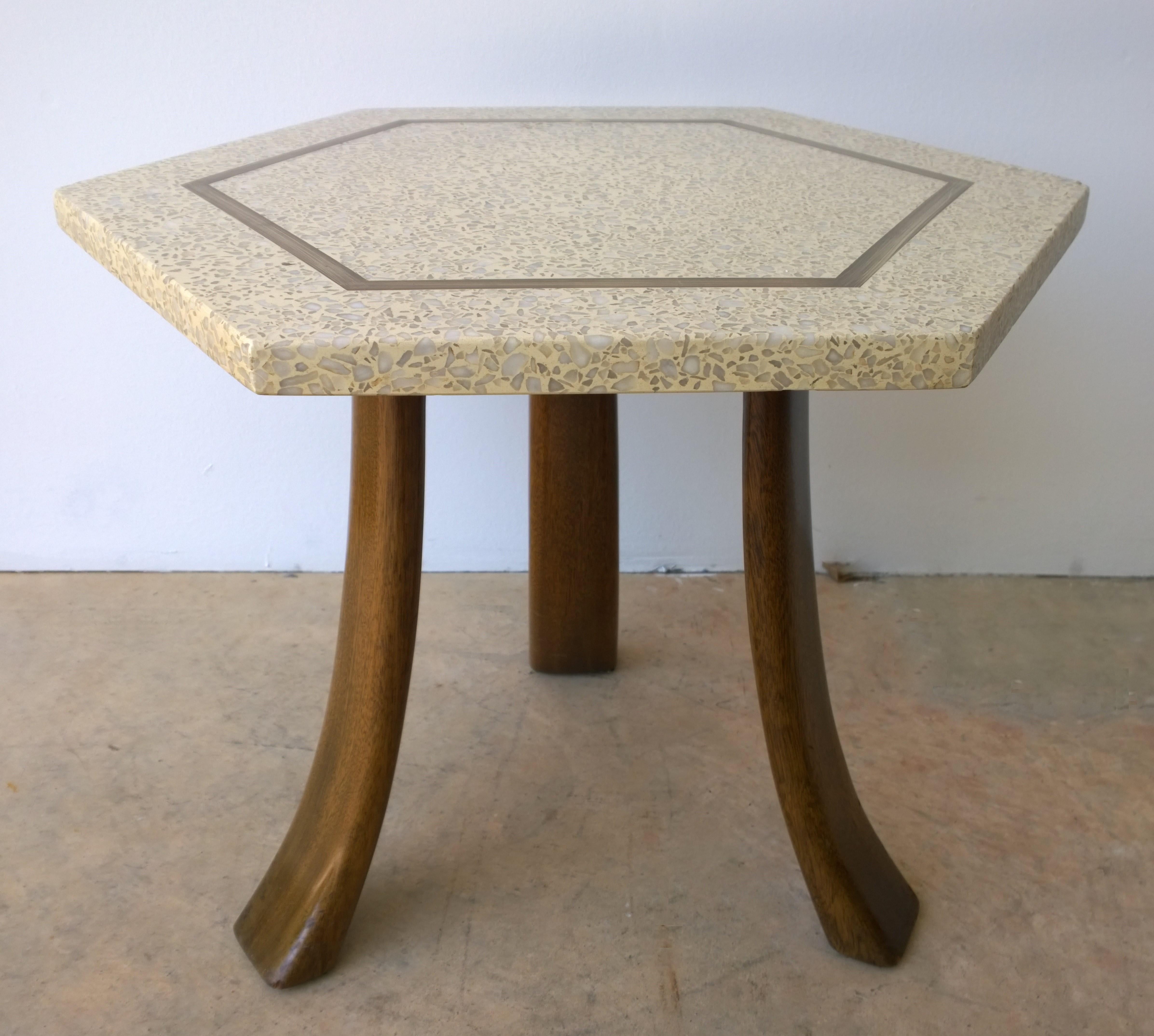 Probber Blue & White Terrazzo, Mahogany Tripod Legs and Brass Hexagon Side Table For Sale 1