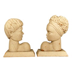 Mid-Century Modern Hawaiian Male and Female Bookends, Pair