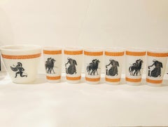 Hazel Atlas Orange White & Black Greek Key Theme 6 Cocktail Glasses & Ice Bucket