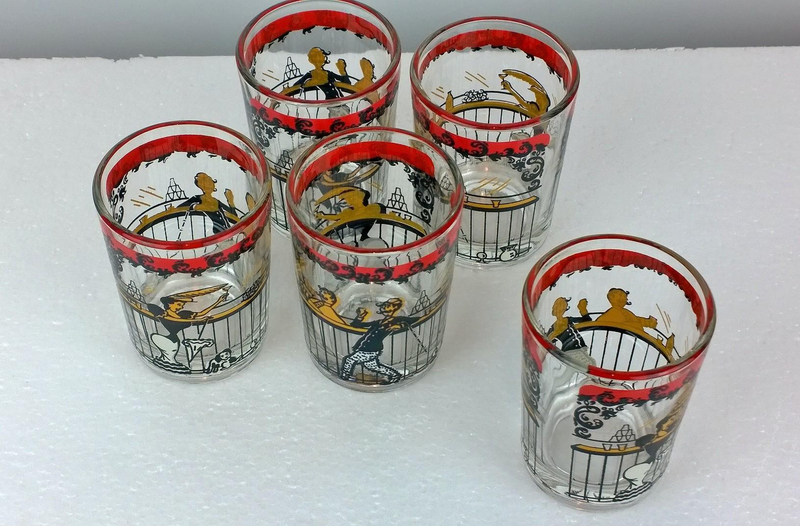 Set of 11 Red, Black & Gold Moulin Rouge Theme Overlay Cocktail Glasses & Shaker For Sale 1