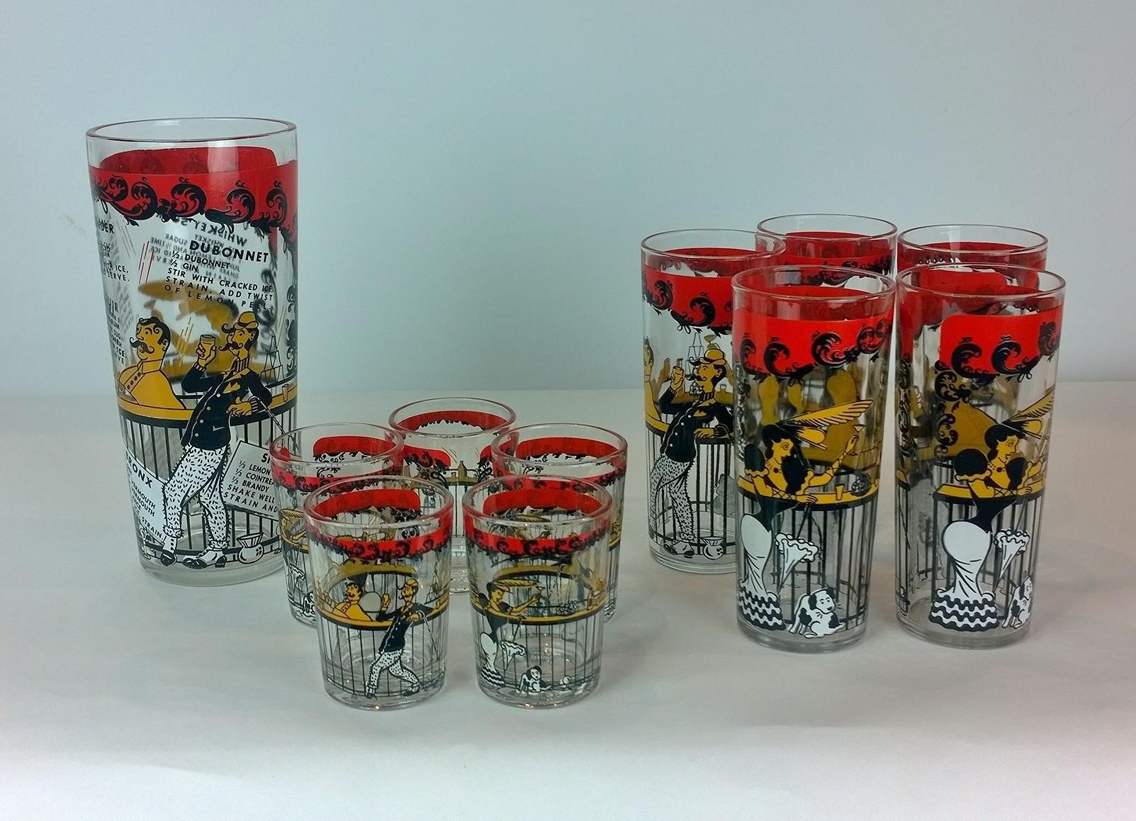 Mid-Century Modern Set of 11 Red, Black & Gold Moulin Rouge Theme Overlay Cocktail Glasses & Shaker For Sale