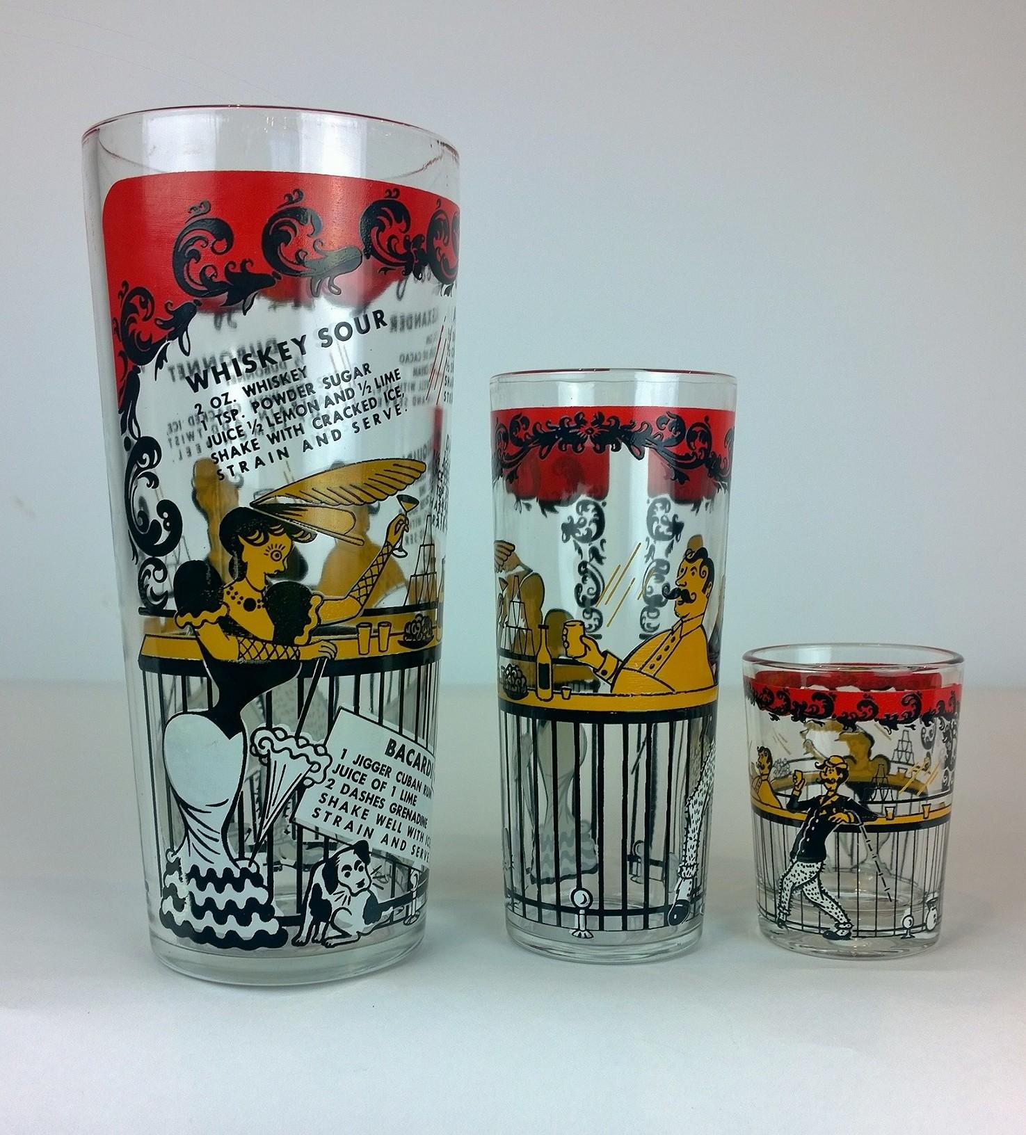 Set of 11 Red, Black & Gold Moulin Rouge Theme Overlay Cocktail Glasses & Shaker In Good Condition For Sale In Houston, TX