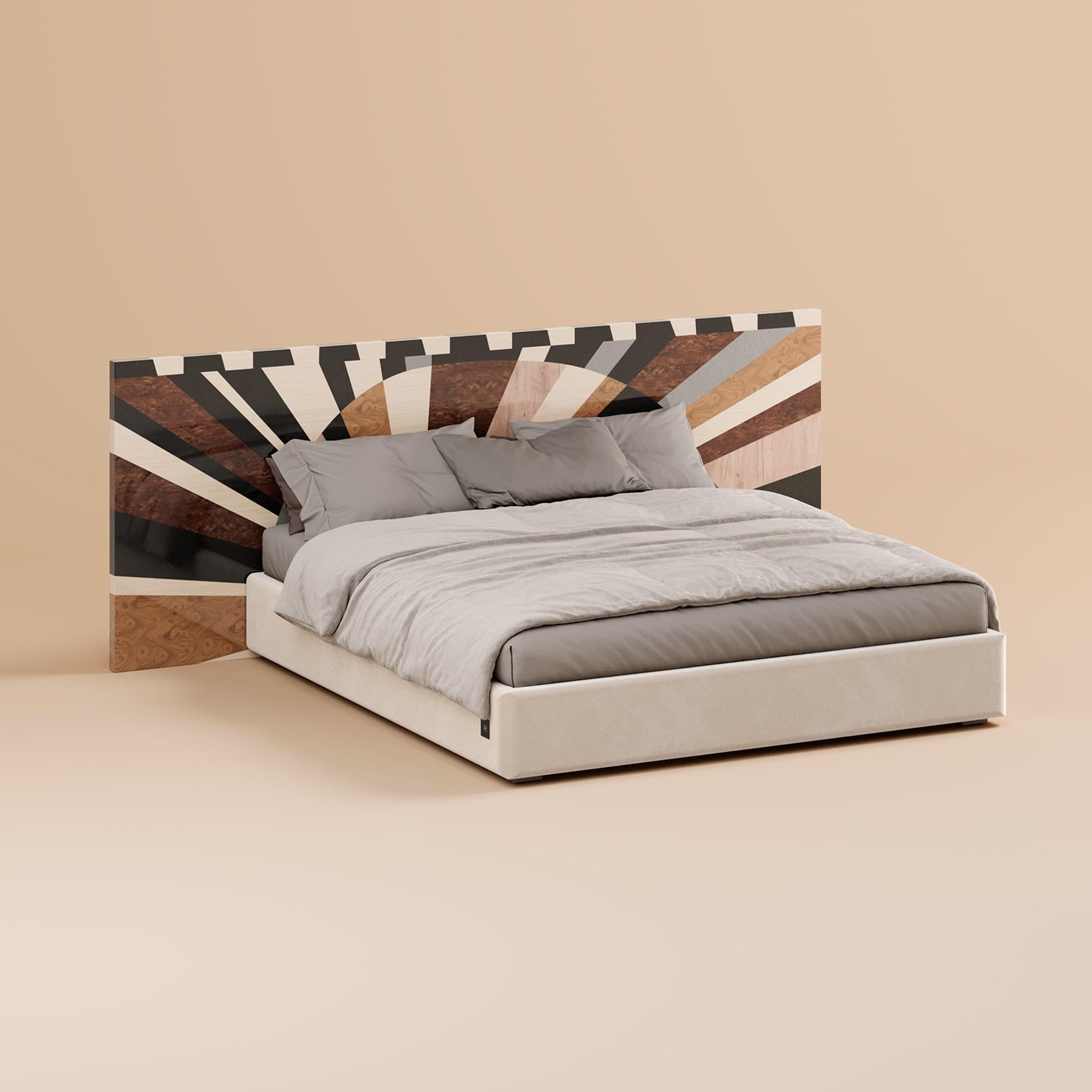 Piccadilly Bed is a masterpiece of craftsmanship and art-deco-inspired pattern design, embodying luxury and sophistication. The modern bed is meticulously made with marquetry techniques and a selection of fine woods arranged in a stunning radial