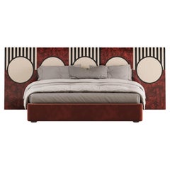 Mid-Century Modern Headboard Geometric Art Deco Pattern Wood Marquetry King Bed