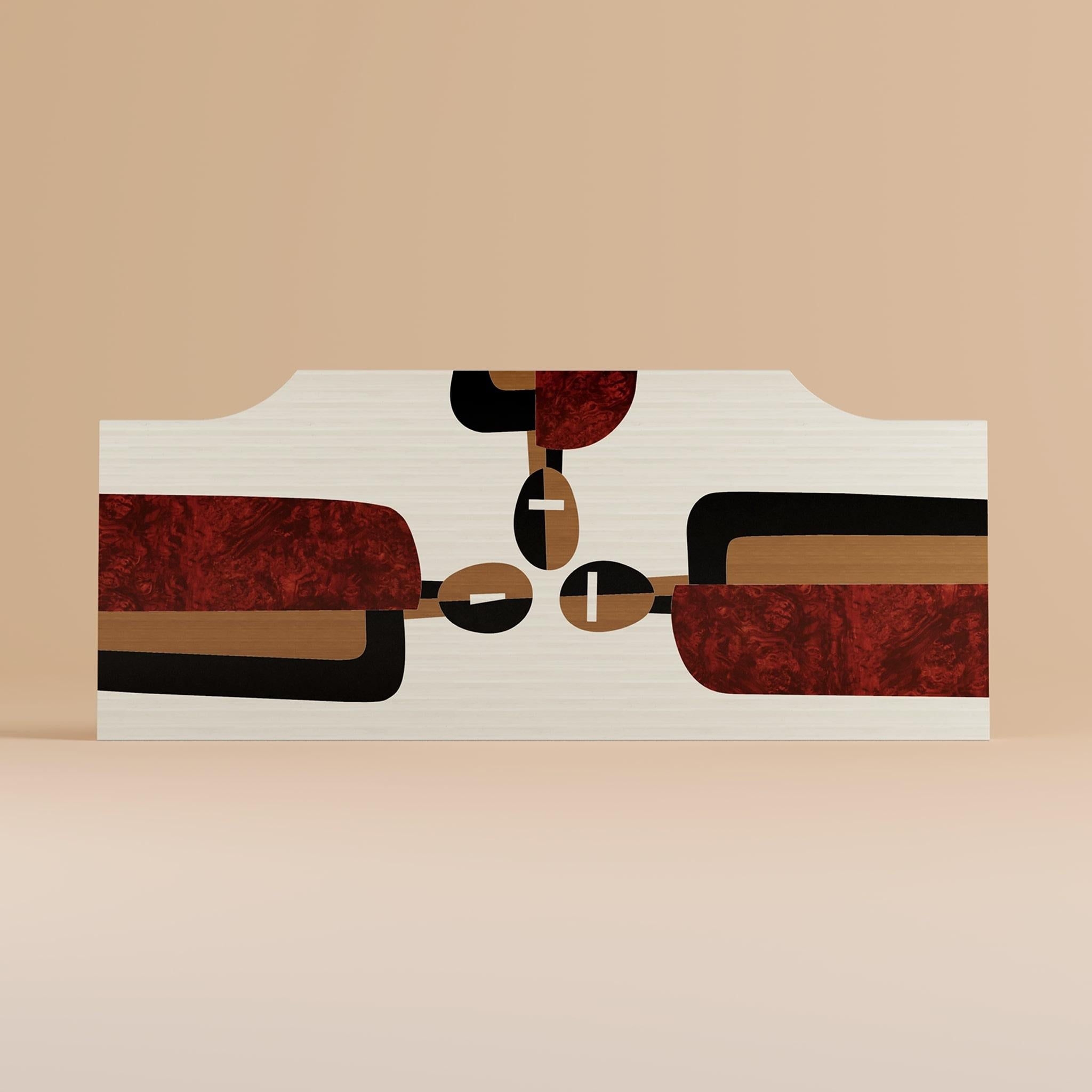 Hand-Crafted Mid-Century Modern Headboard Geometric Retro Pattern Wood Queen Bed For Sale
