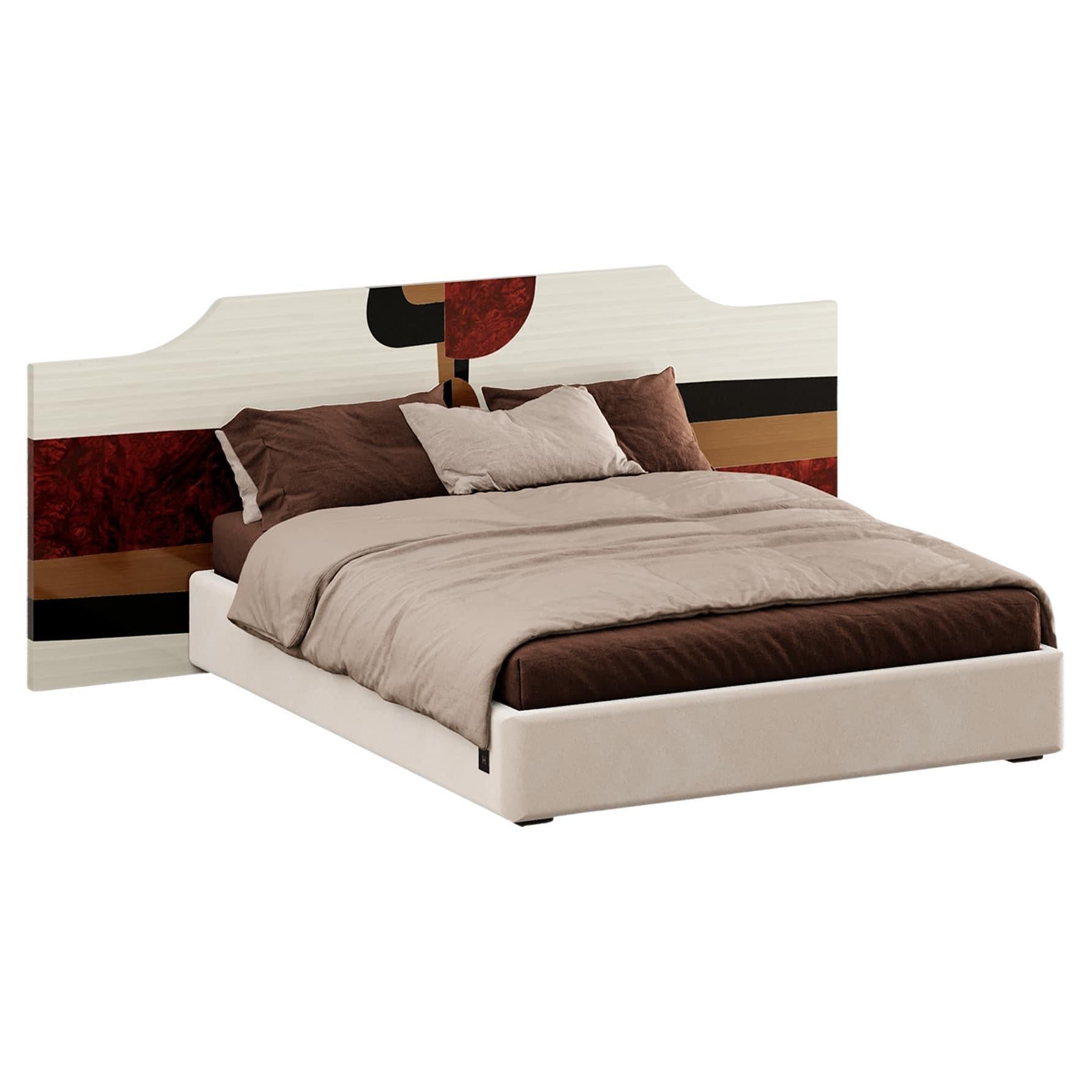 Mid-Century Modern Kopfteil Geometrisches Queen-Bett aus Holz mit Retro-Muster