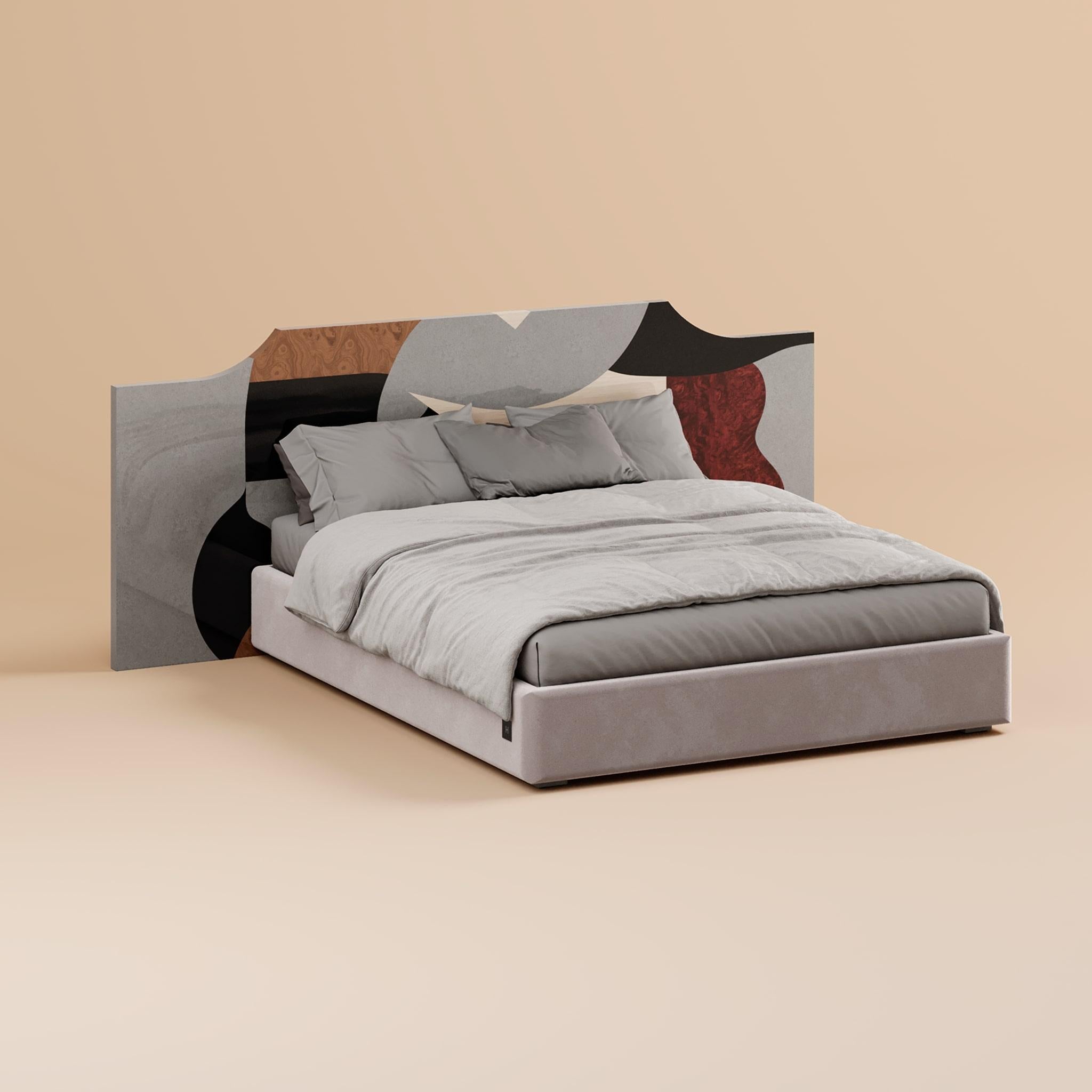 Portuguese Mid-Century Modern Headboard Organic Pattern Grey Brown Wood for Queen Bed For Sale