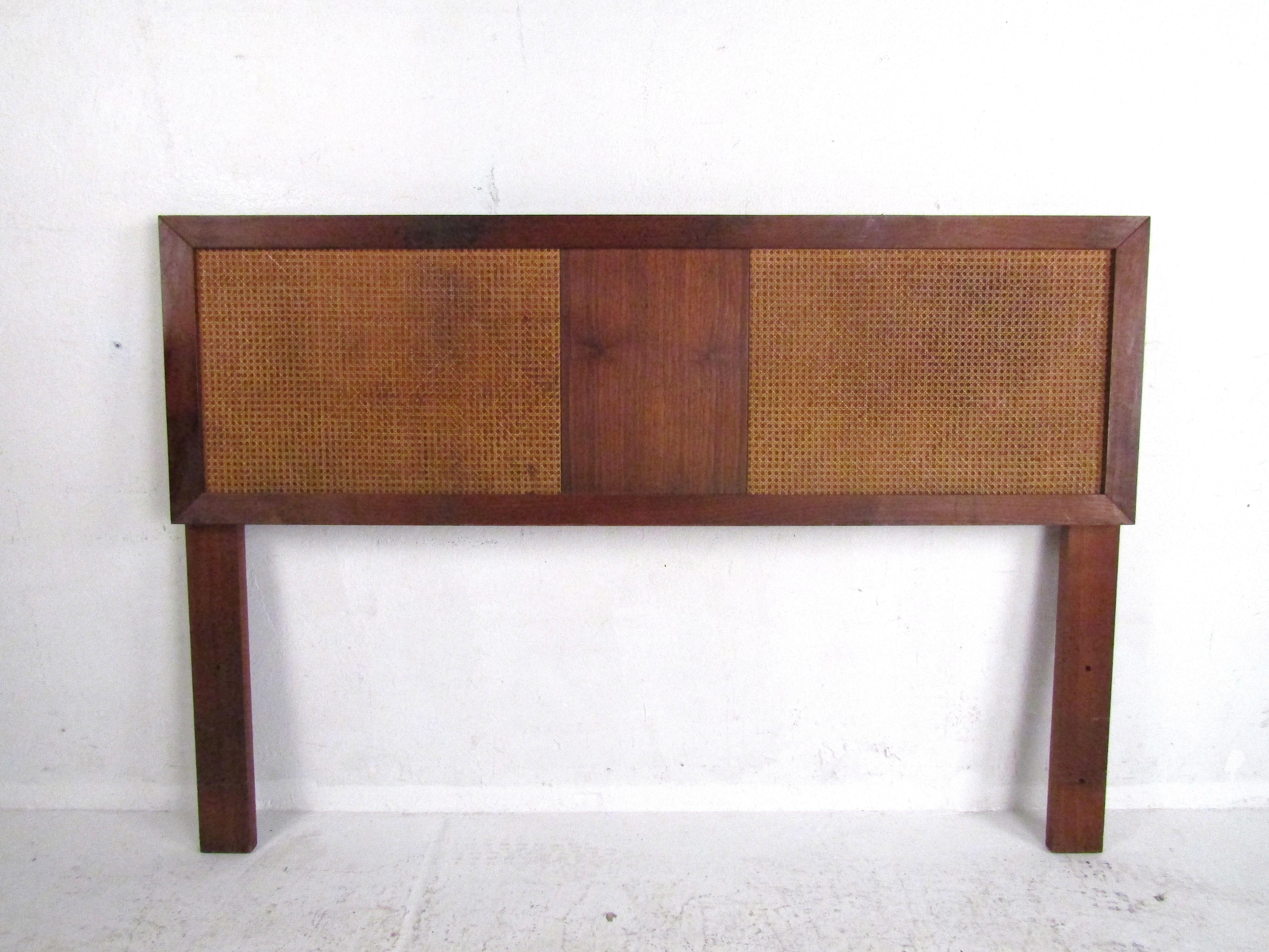 Stylish Mid-Century Modern headboard with cane accents. Sturdy construction. Great addition to any modern interior. Please confirm item location with dealer (NJ or NY).