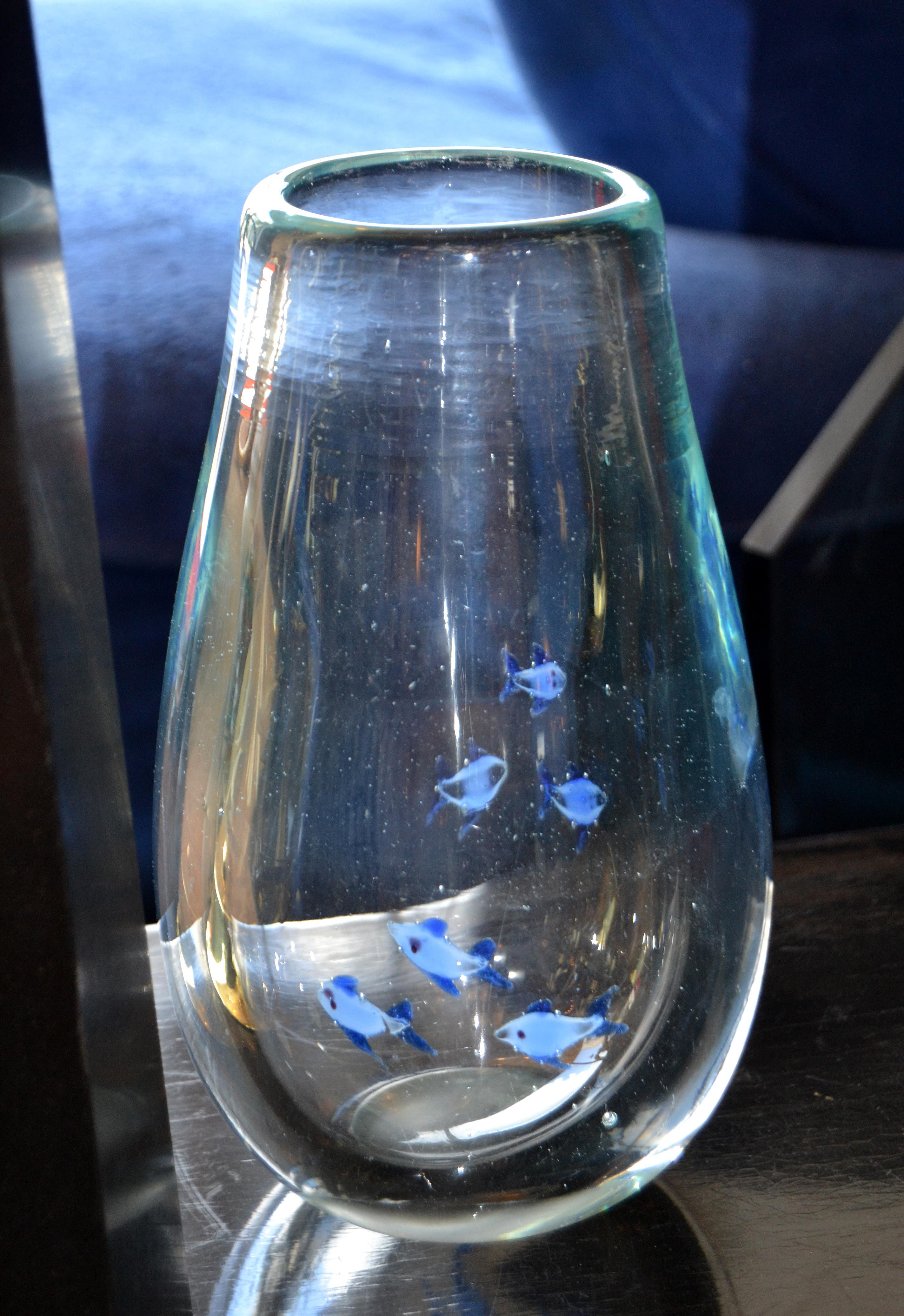 Mid-Century Modern heavy blown Murano Cenedese clear glass studio piece with blue fish vase from Italy.
