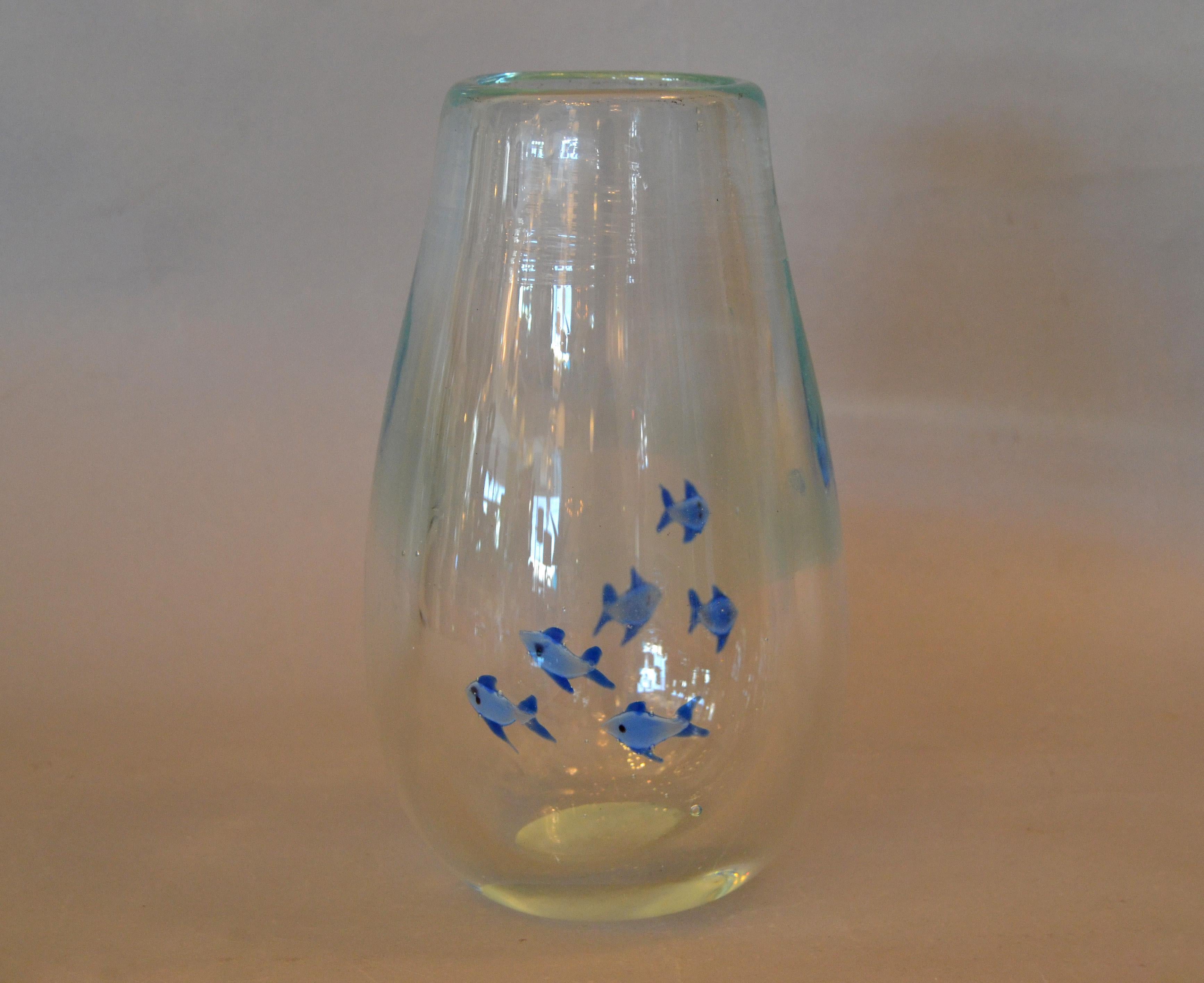 Italian Mid-Century Modern Heavy Blown Clear Glass Studio Piece Blue Fish Vase, Italy
