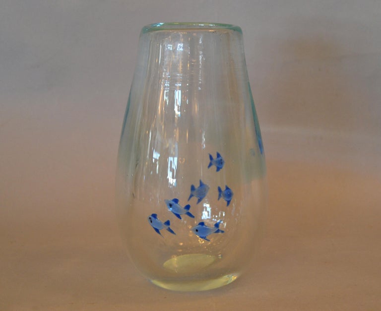 MidCentury Modern Heavy Blown Clear Glass Studio Piece Blue Fish Vase