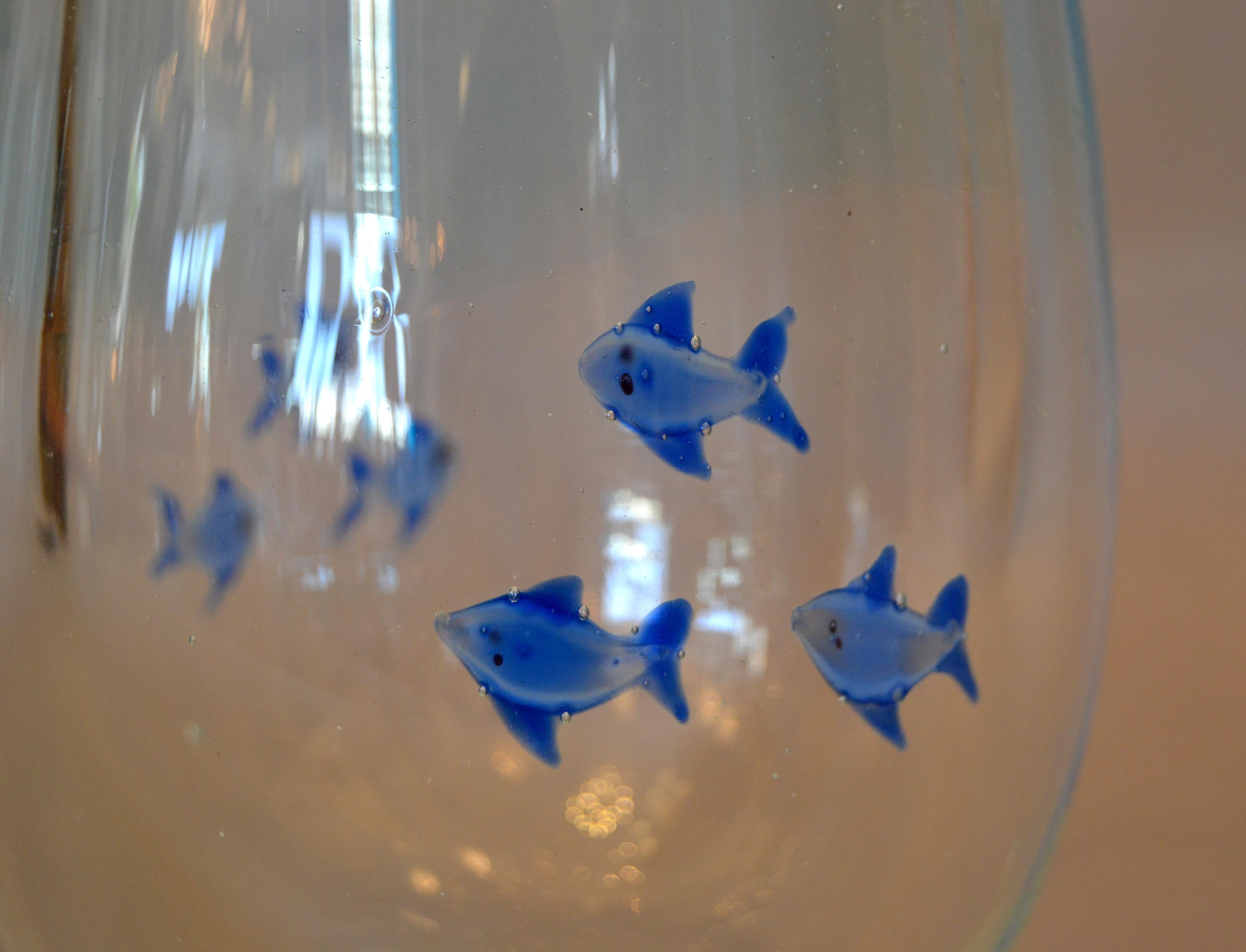 Late 20th Century Mid-Century Modern Heavy Blown Clear Glass Studio Piece Blue Fish Vase, Italy