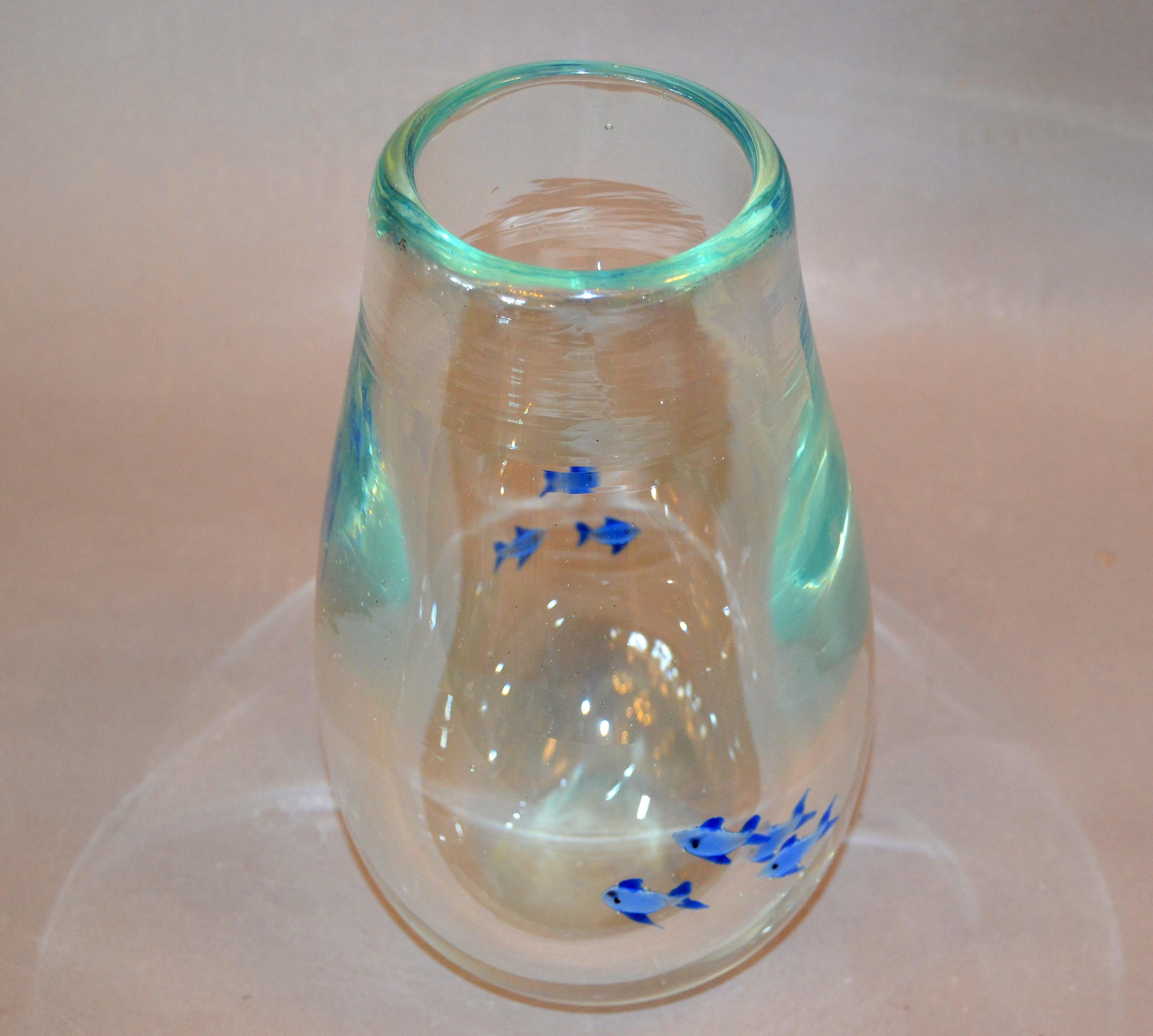 Mid-Century Modern Heavy Blown Clear Glass Studio Piece Blue Fish Vase, Italy 1