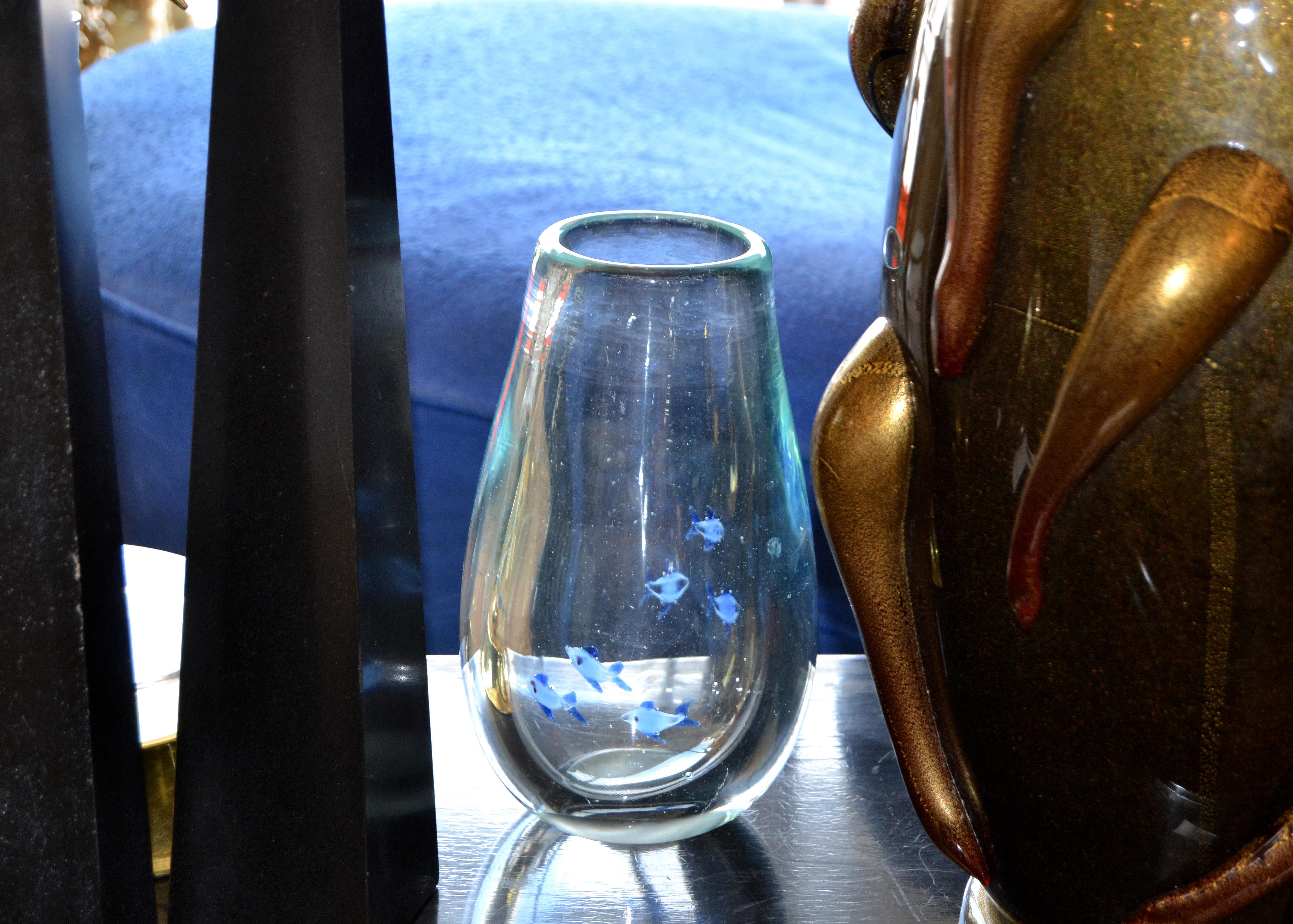 Mid-Century Modern Heavy Blown Clear Glass Studio Piece Blue Fish Vase, Italy 3
