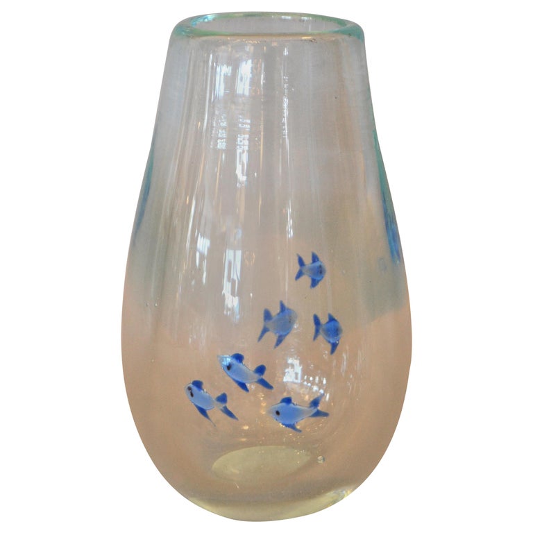 MidCentury Modern Heavy Blown Clear Glass Studio Piece Blue Fish Vase, Italy For Sale at 1stDibs